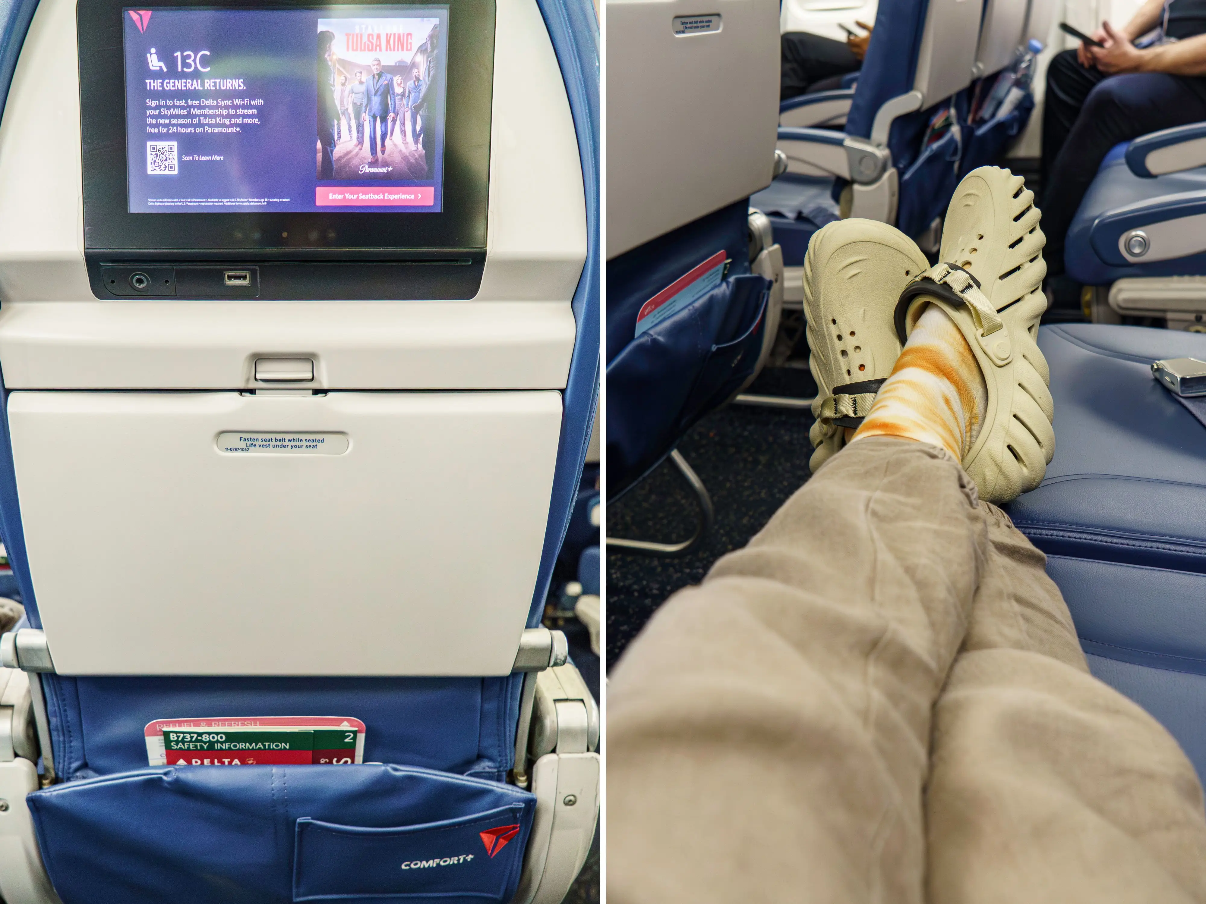 A composite image of the back of an airplane seat and the author's legs across a row of seats