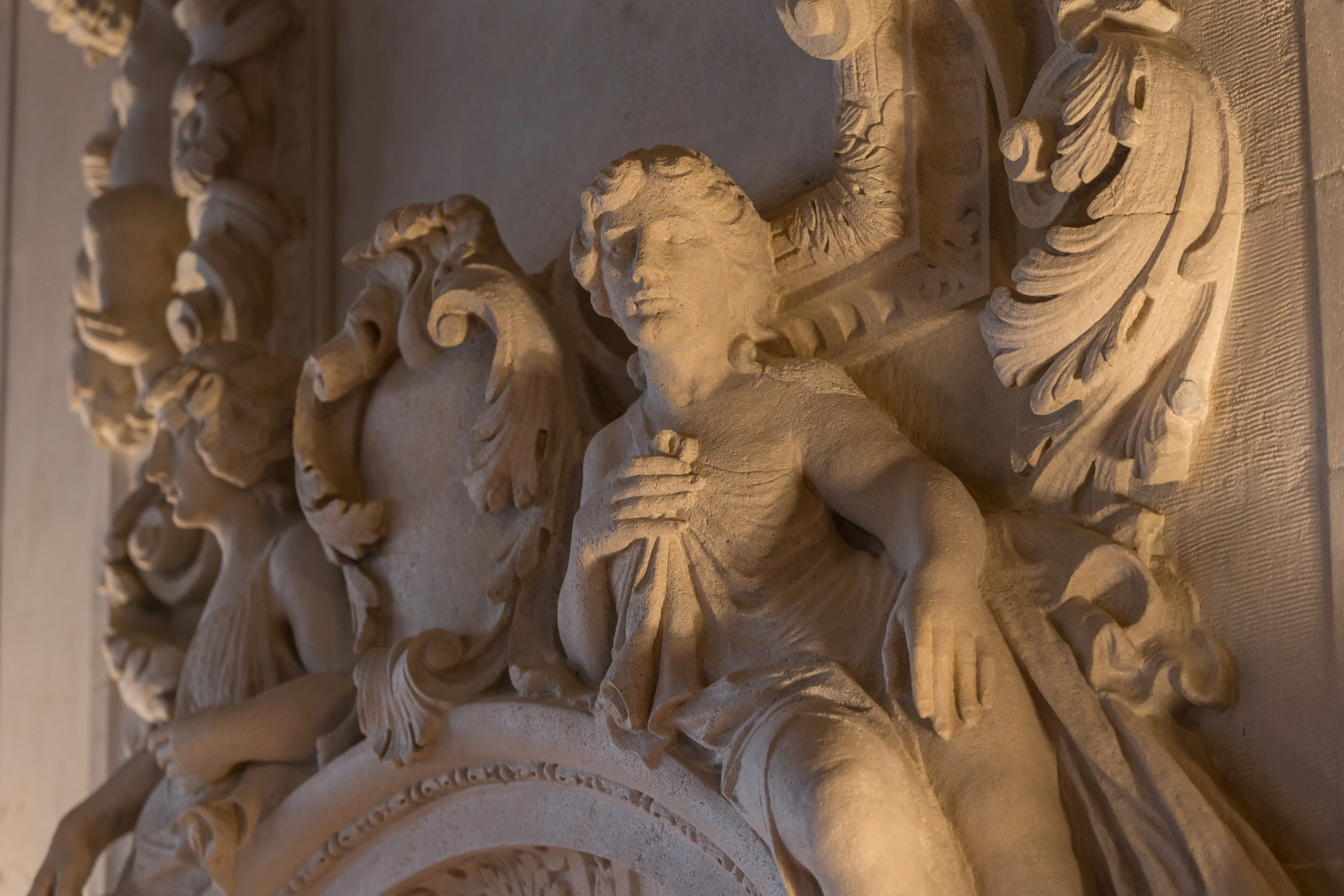 Intricately carved stone angels grace the interior of the Crocker-McMillin mansion.