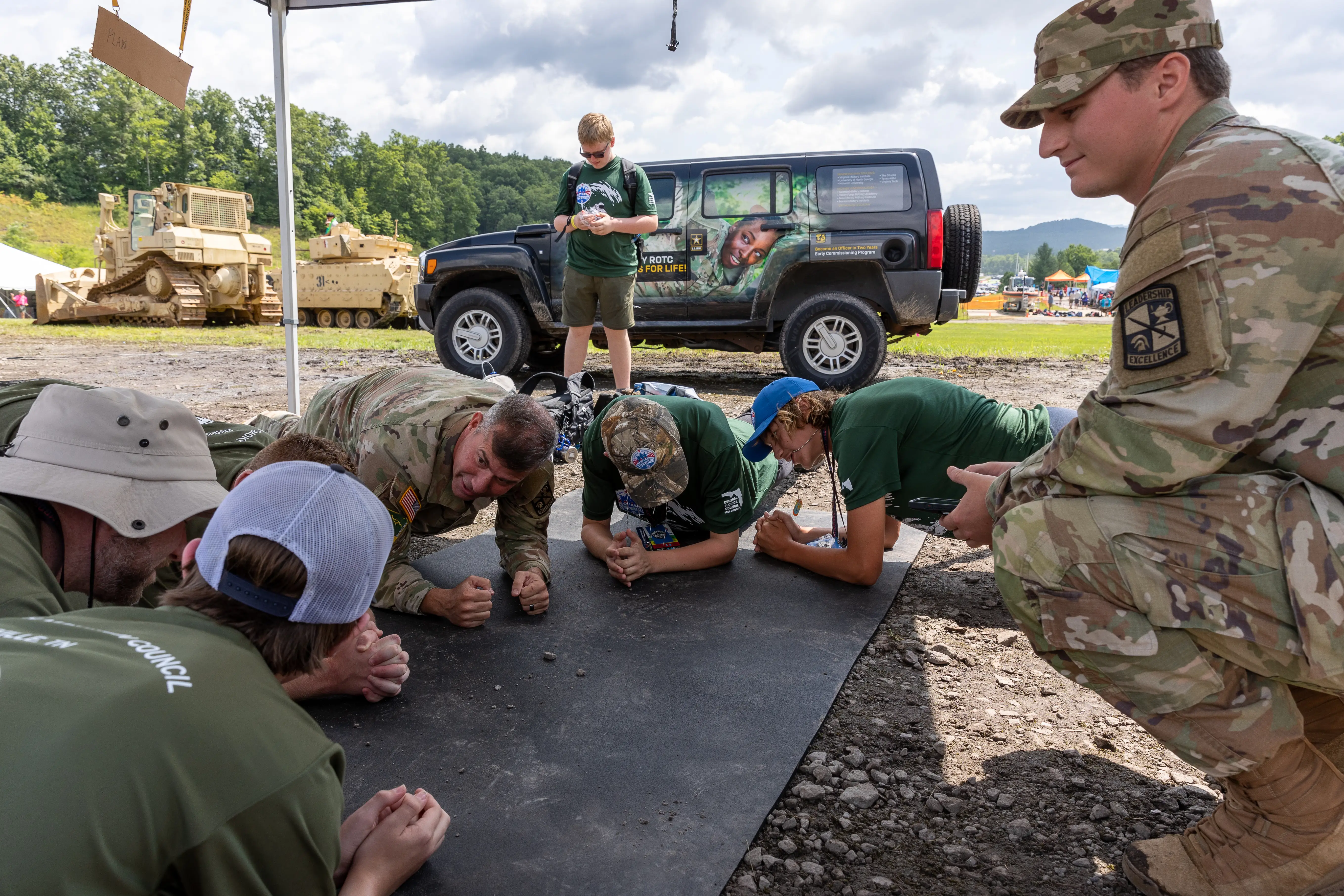 Scouts and Army soldiers from US Army Cadet Command at the 2023 Scouting America National Jamboree in West Virginia.