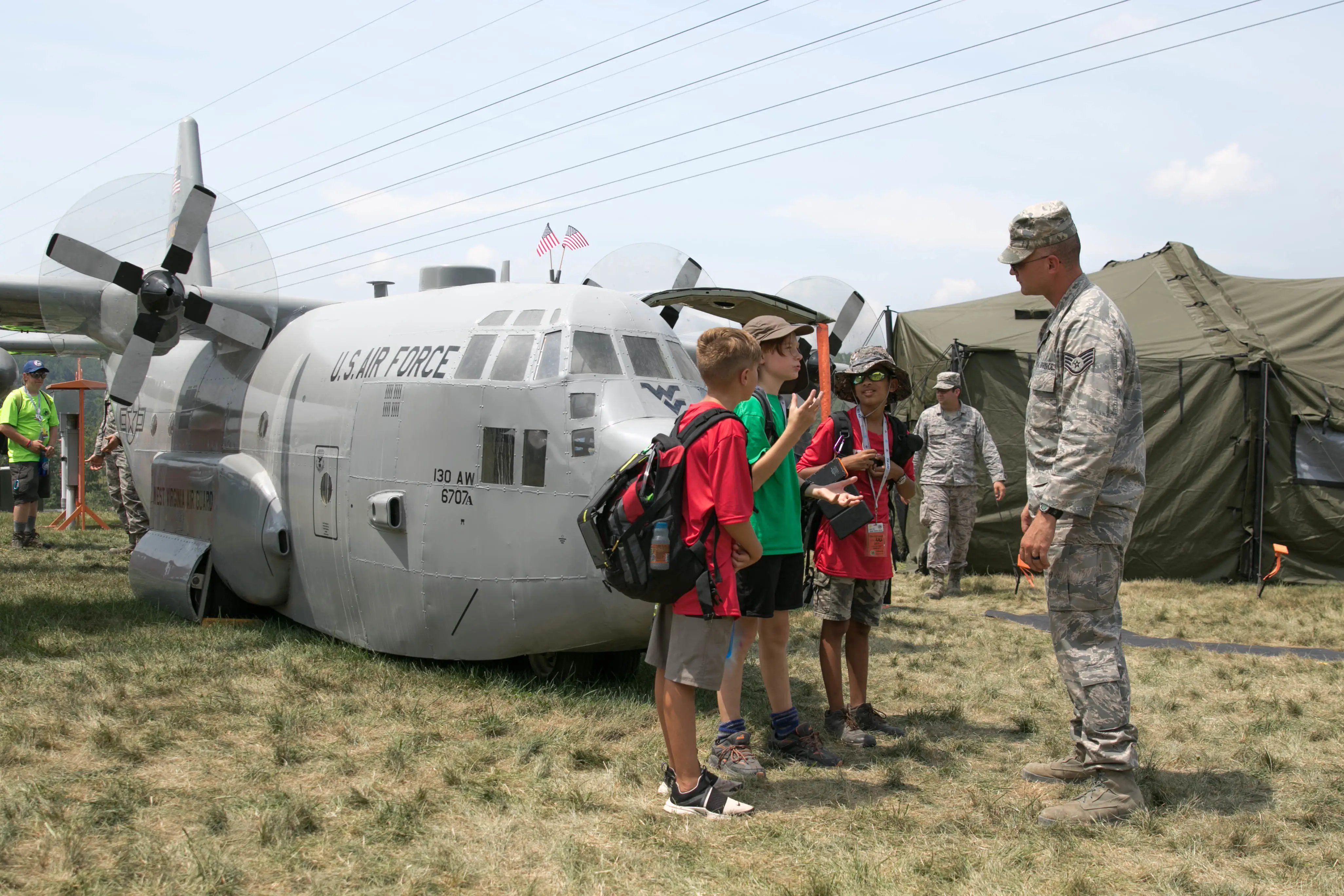 An airman with the West Virginia Air National Guard speaks with Scouts during the 2017 National Jamboree.