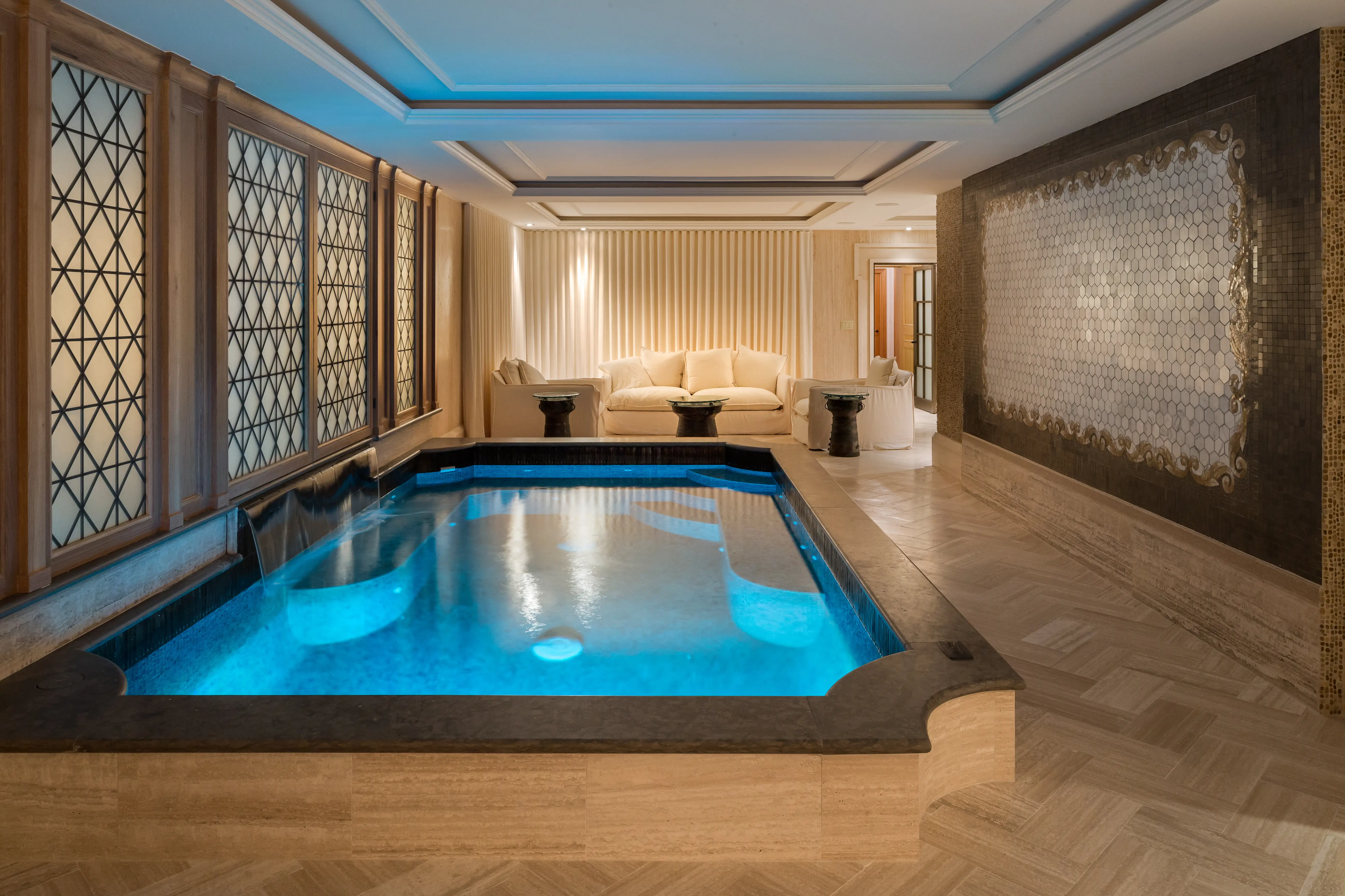 A real estate executive's 1980s improvements include this spa and lap pool.