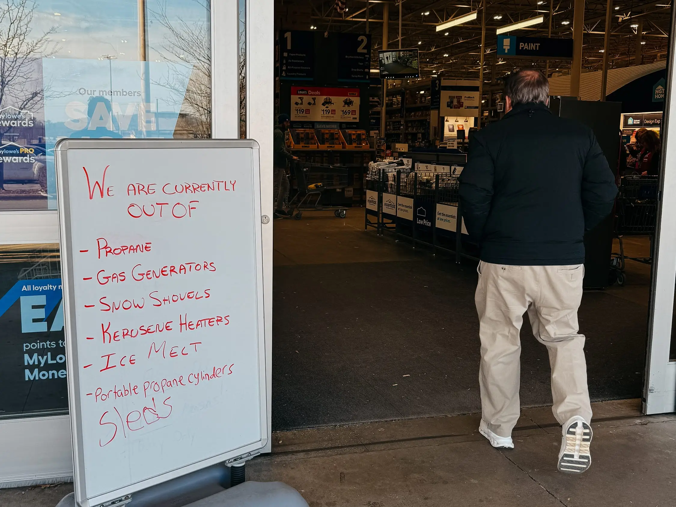 Lowes store in Morganton, North Carolina, has a sign announcing different products they are out of on Thursday, January 22, 2026, ahead of winter storm Fern.