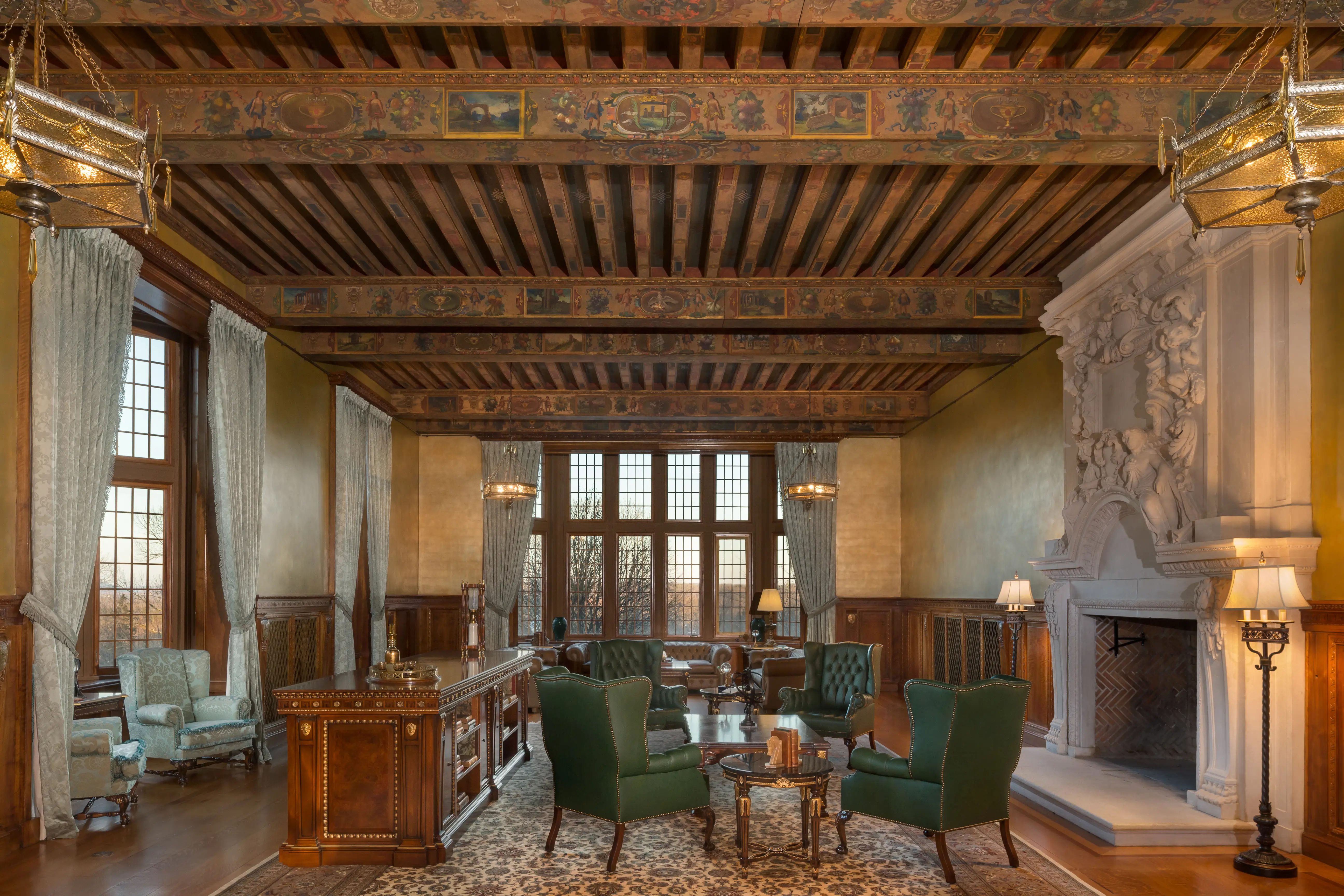 The Crocker-McMillin mansion library still features the original beamed and muraled ceiling.