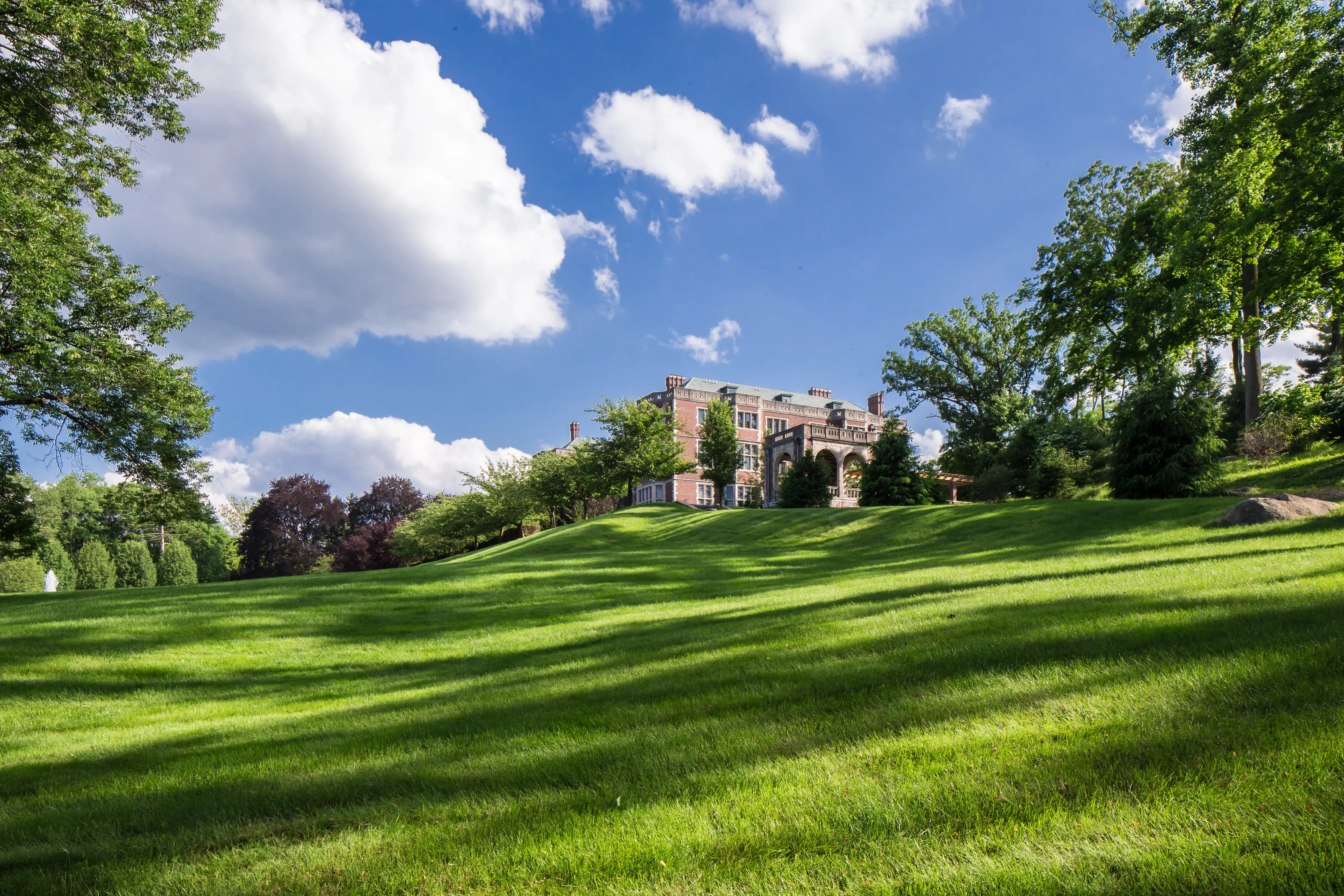 The Crocker-McMillin mansion, seen from a distance from its landscaped yard.