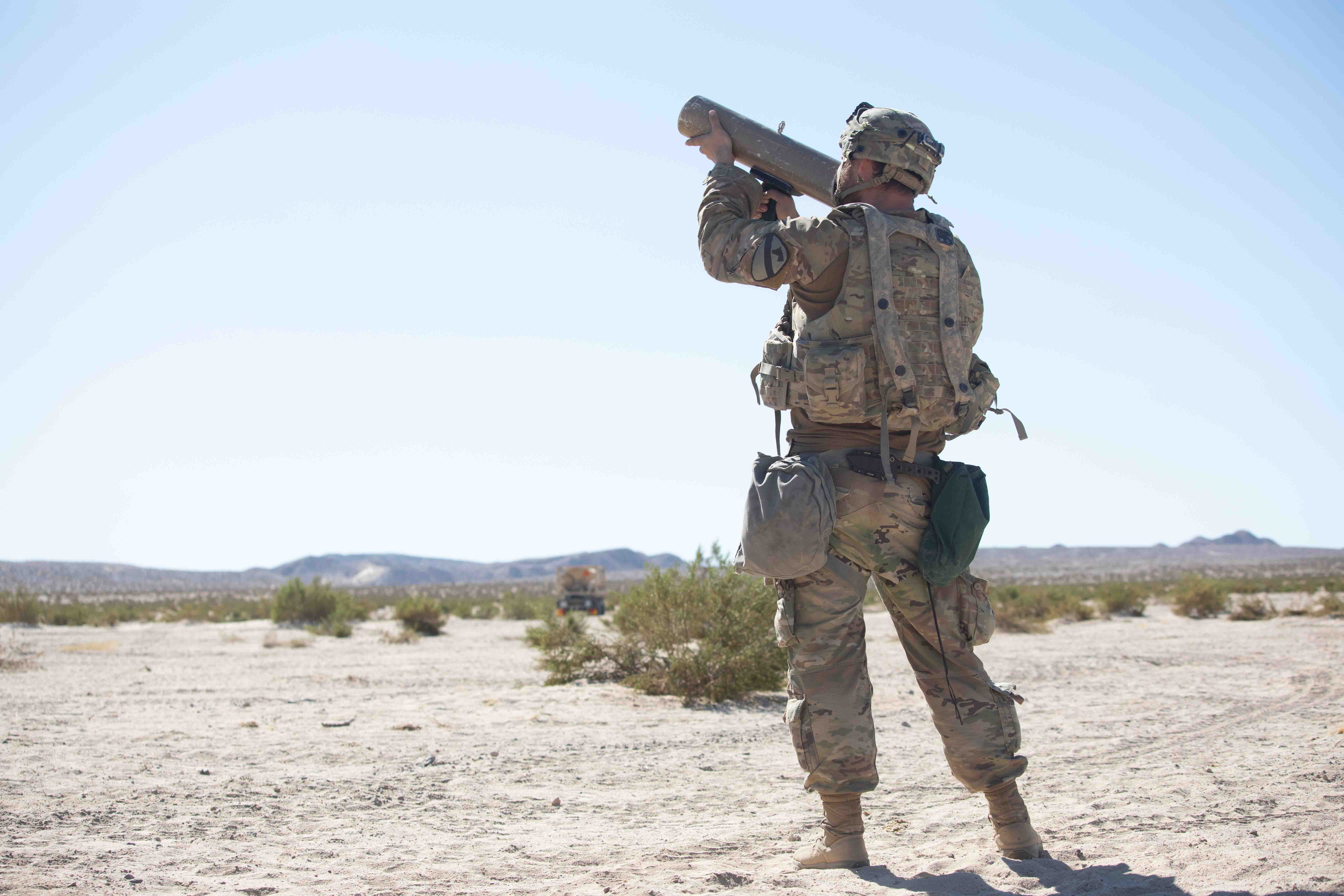 A US Army solider trains with a counter-UAS weapon known as a 