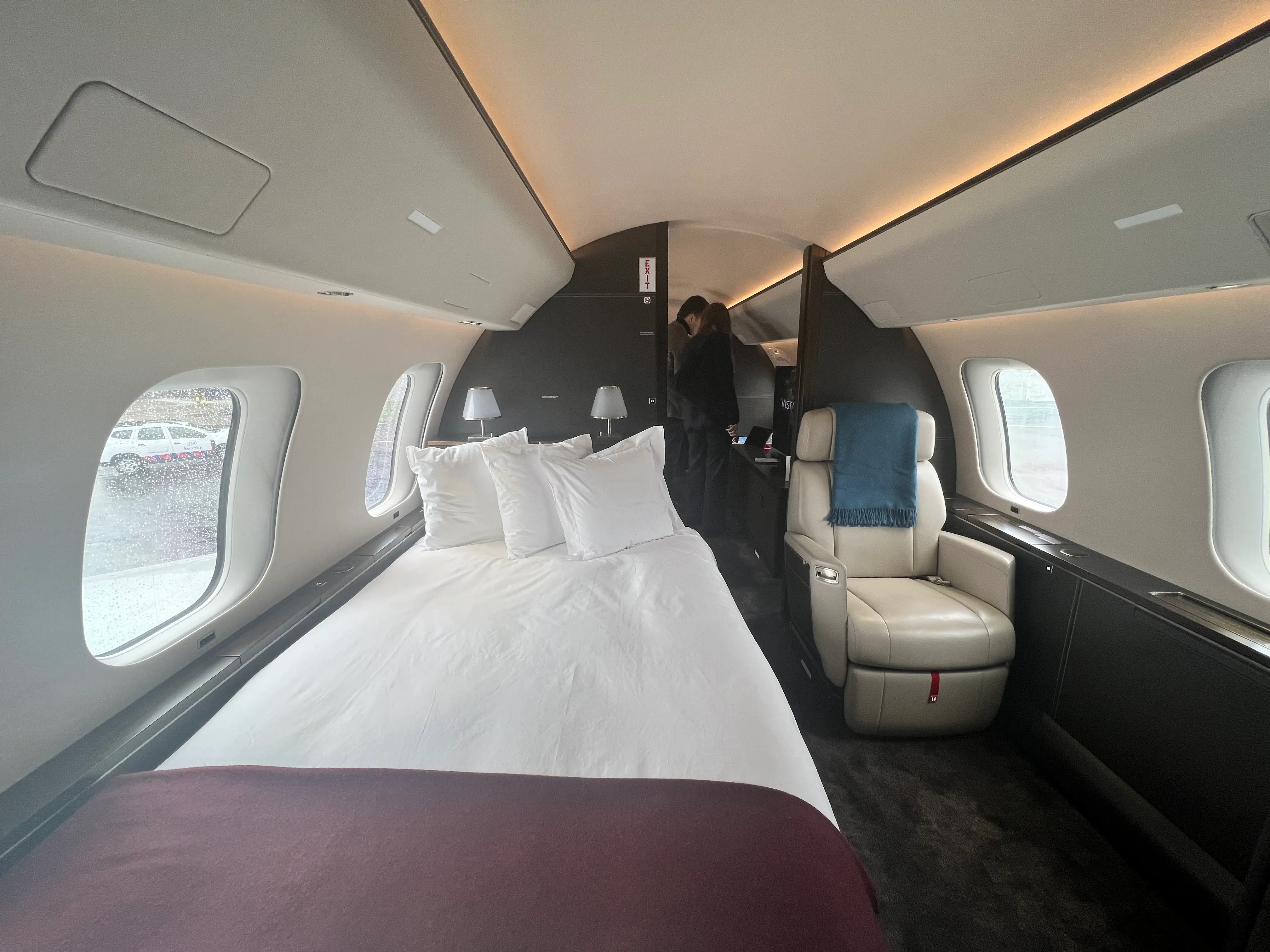 The bedroom inside a VistaJet Bombardier Global 7500 pictured at Farnborough Airport in March 2024.