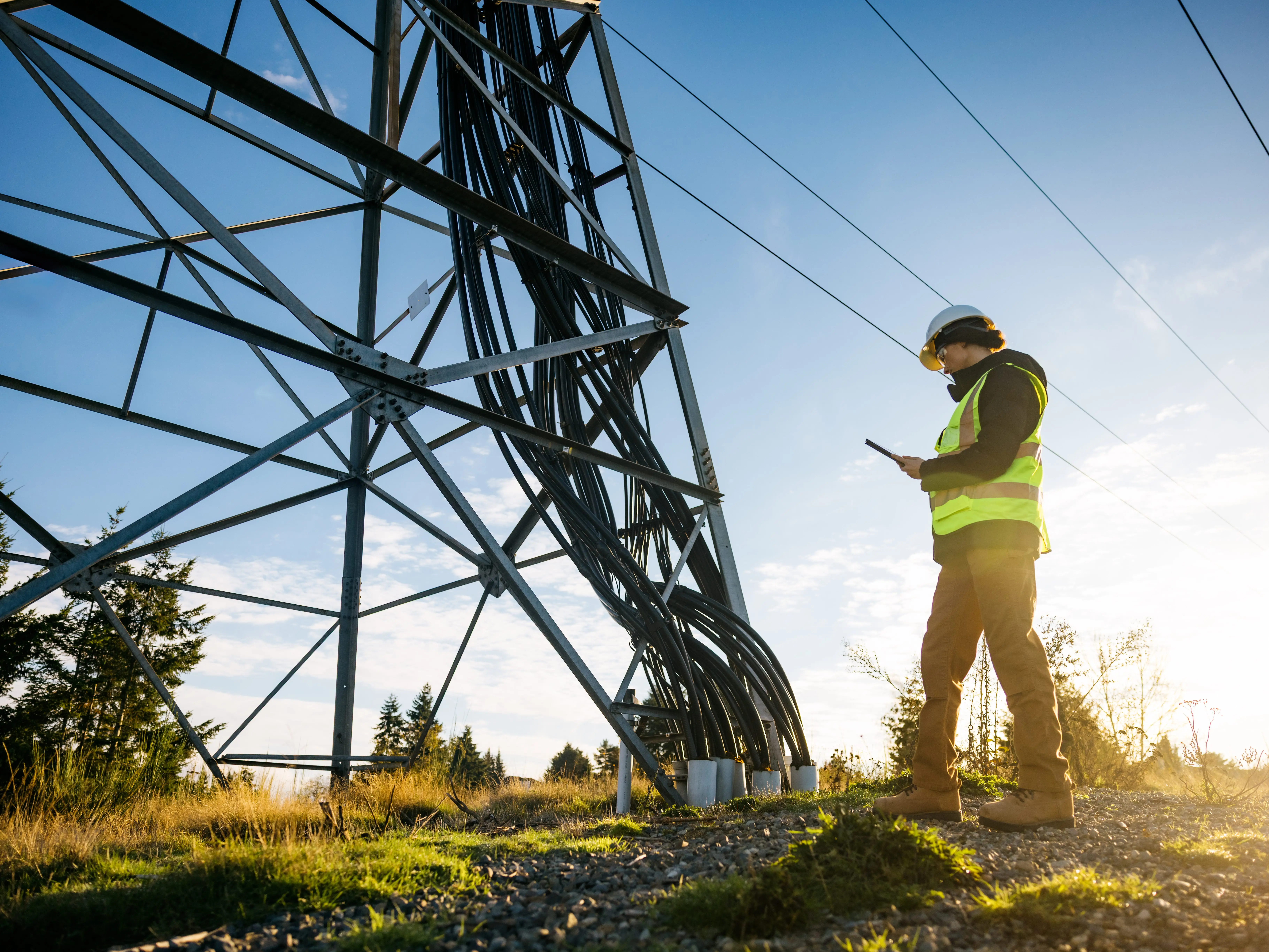 Electrical power line technician working outside and looking at a tablet