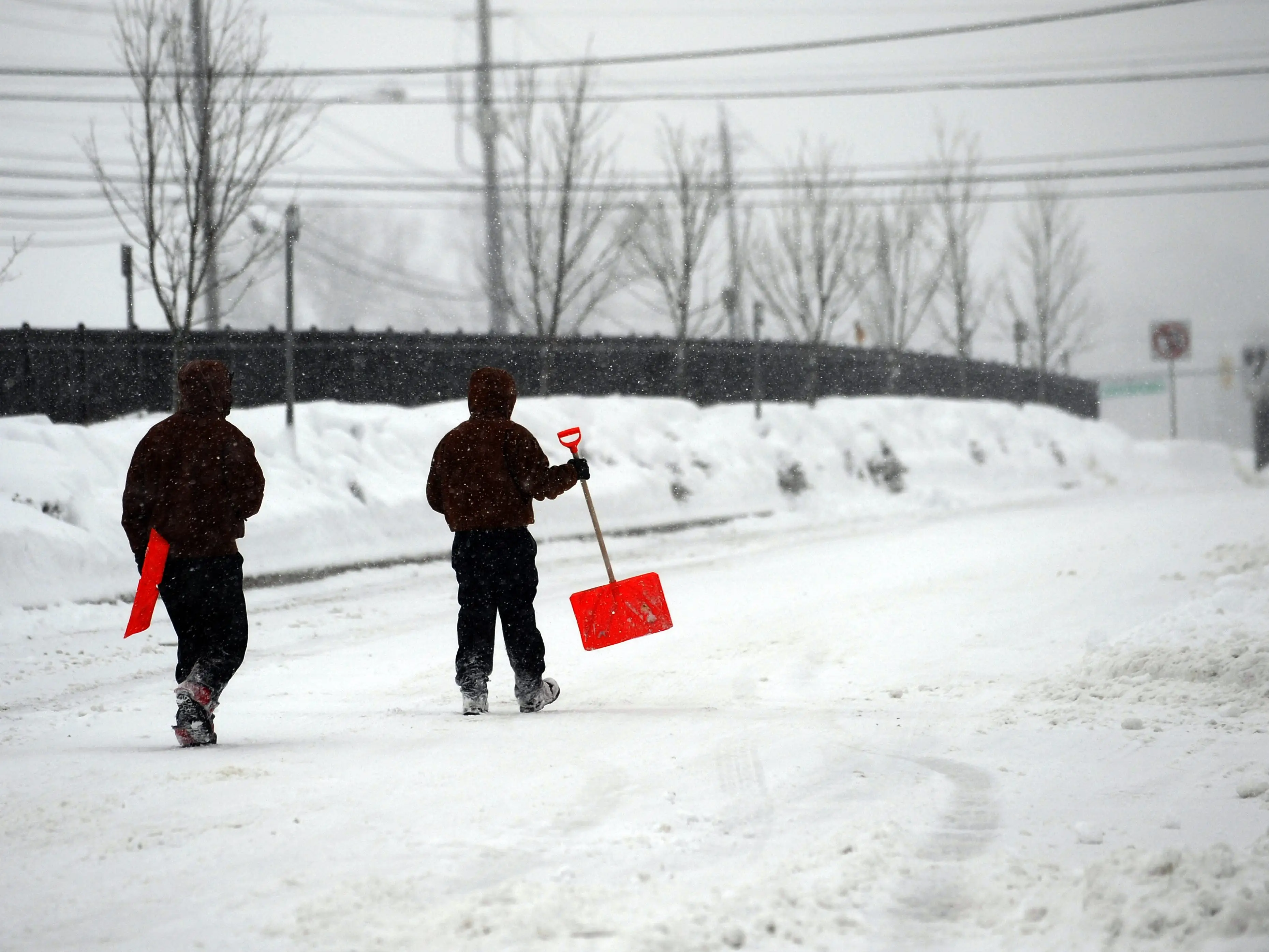 Two men return to their home after buying shovels from a store in Silver Spring, Maryland, on February 6, 2010. A blizzard packing strong winds and heavy snowfall pounded the US capital and surrounding areas on February 6, killing at least two people and paralyzing parts of the region. The storm, dubbed 