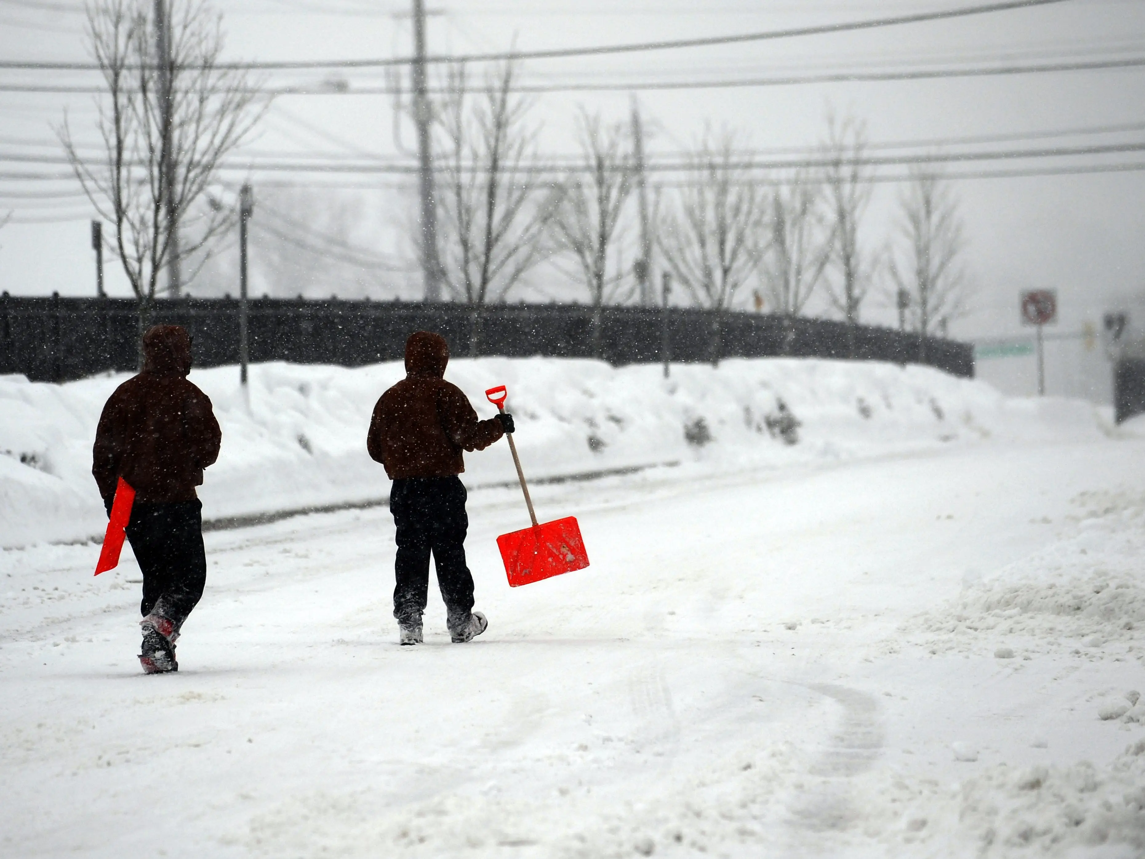 Two men return to their home after buying shovels from a store in Silver Spring, Maryland, on February 6, 2010. A blizzard packing strong winds and heavy snowfall pounded the US capital and surrounding areas on February 6, killing at least two people and paralyzing parts of the region. The storm, dubbed 