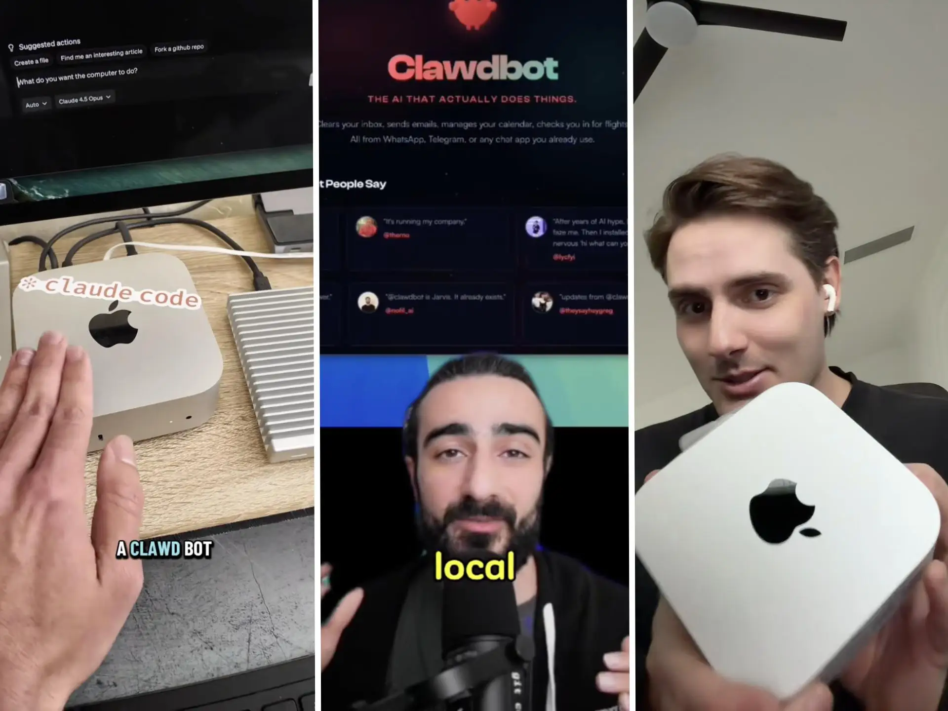 Three TikTok users are pictured talking about ClawdBot and holding up their Mac Minis.