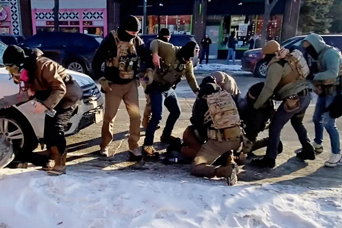 A still from a video showing federal agents holding down protestor Alex Pretti in Minneapolis on Saturday, January 24, moments before they shot and killed him.