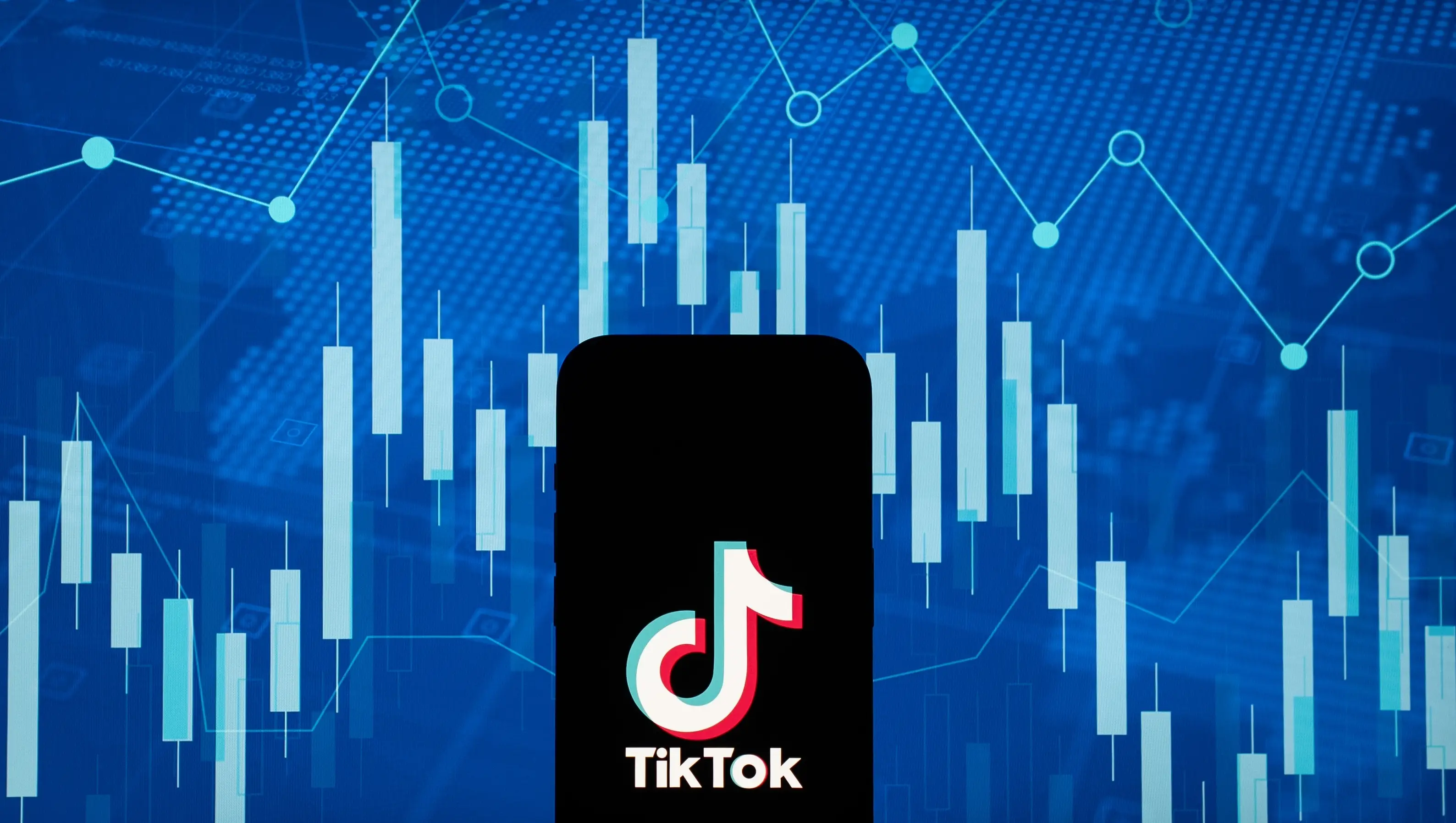 TikTok logo in front of a blue backdrop.