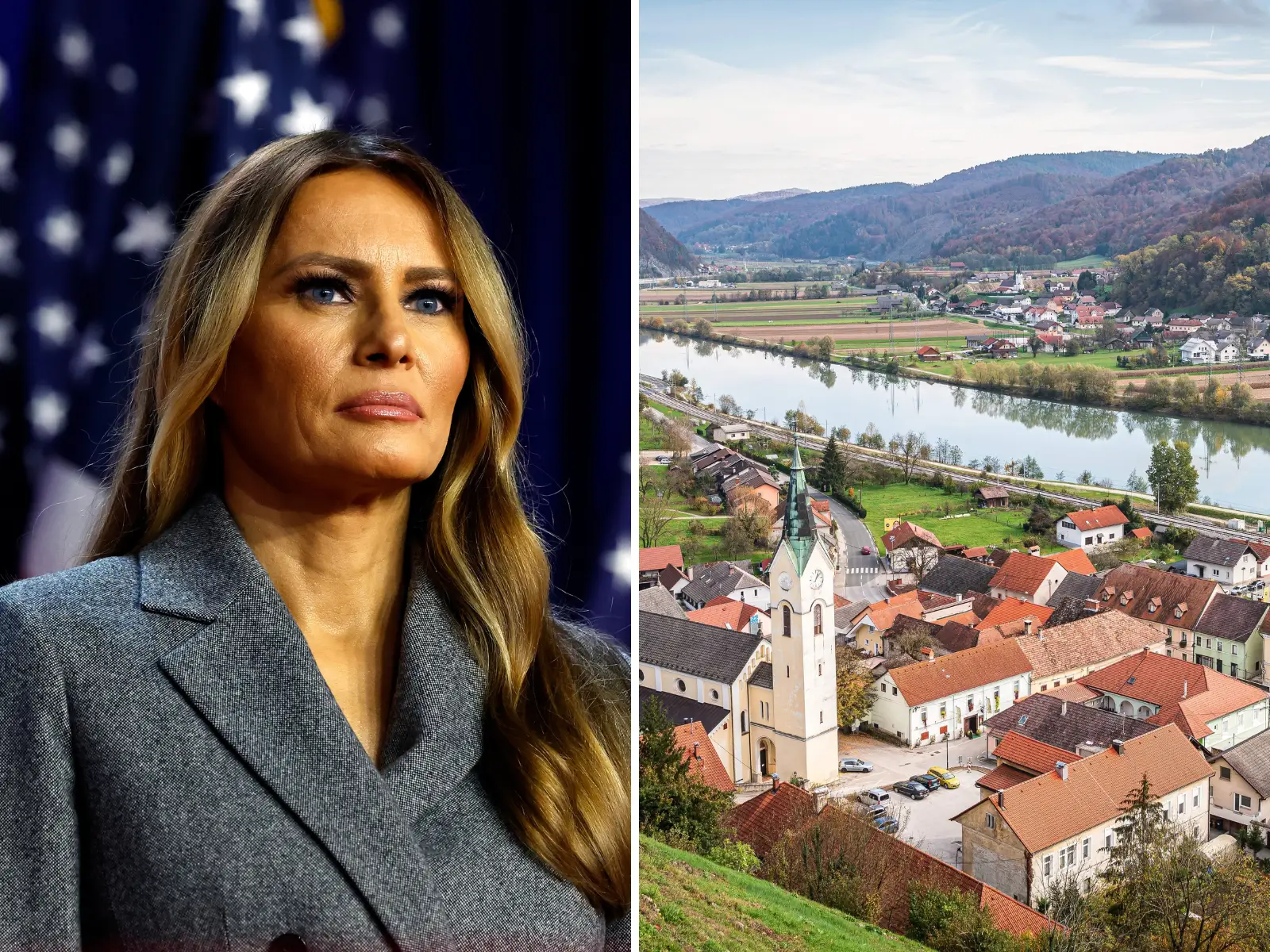 A split image of Melania Trump and Sevnica, Slovenia.