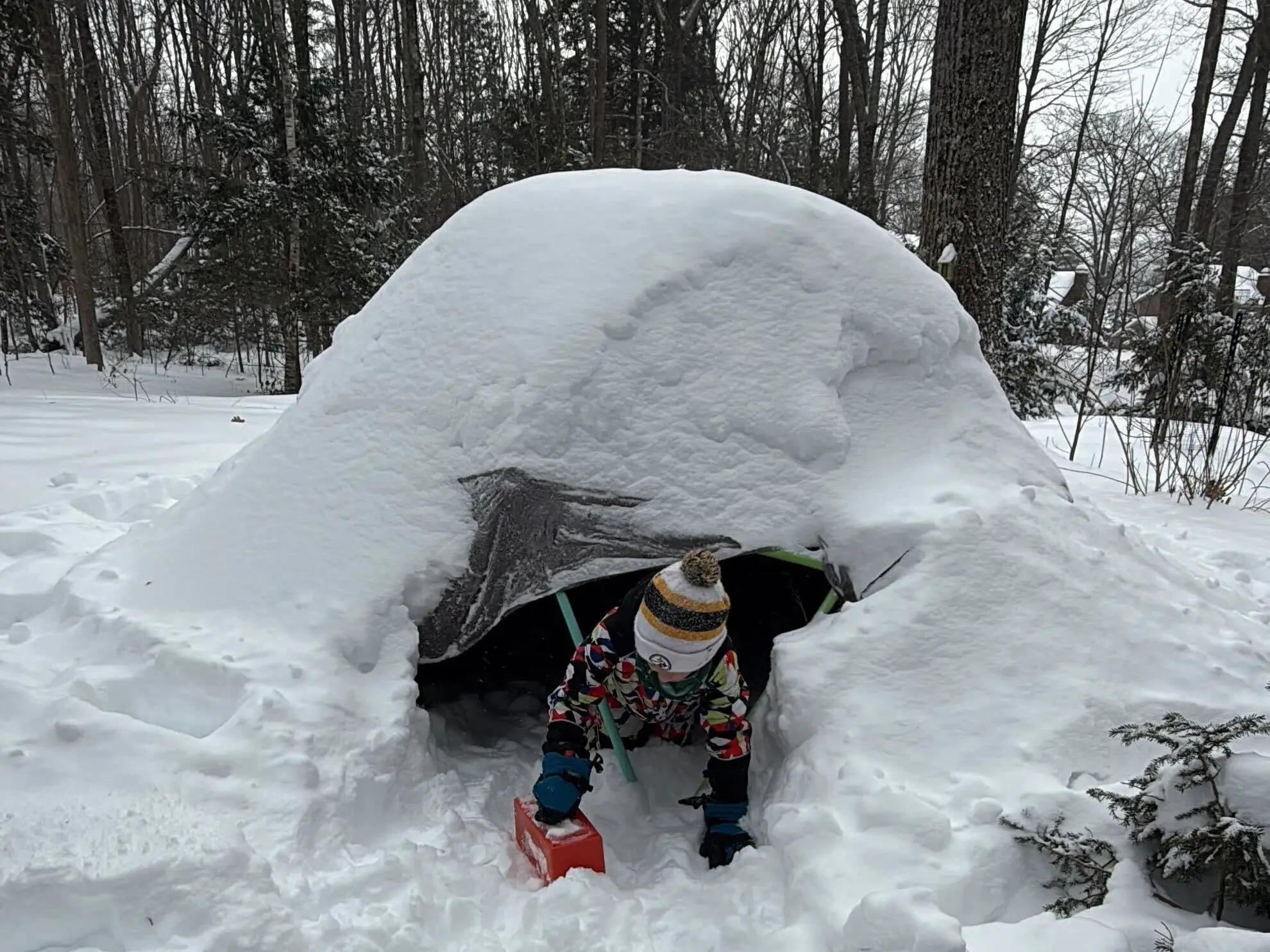 Kid inside snow igloo
