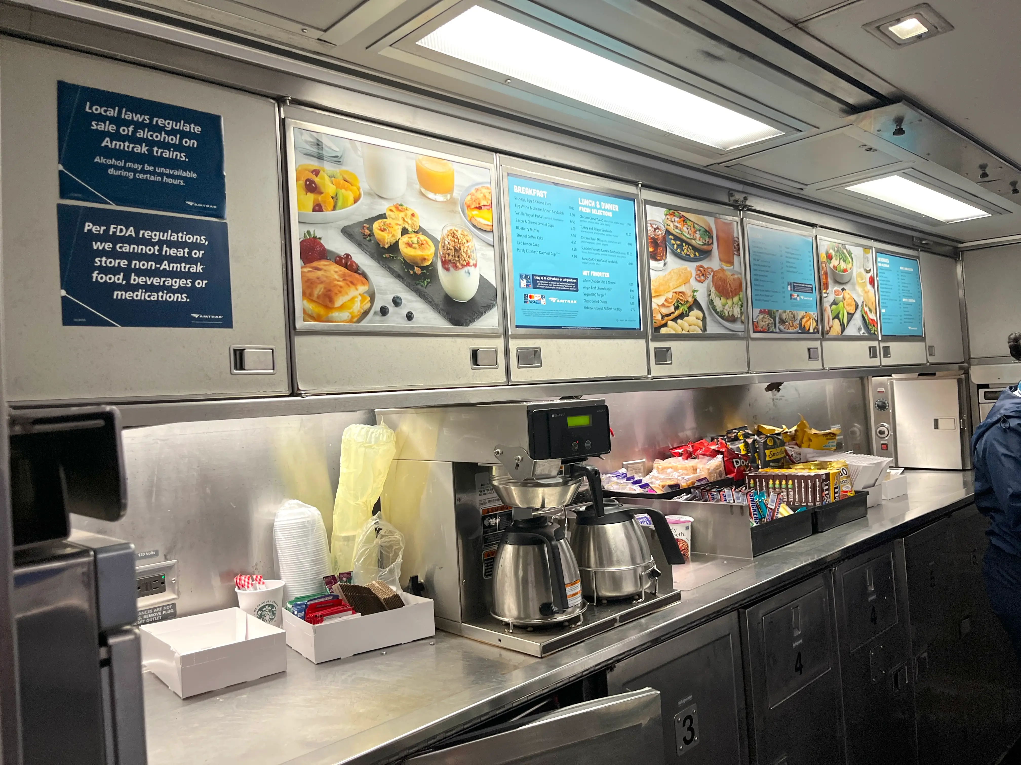 The dining car between coach and business class on Amtrak.