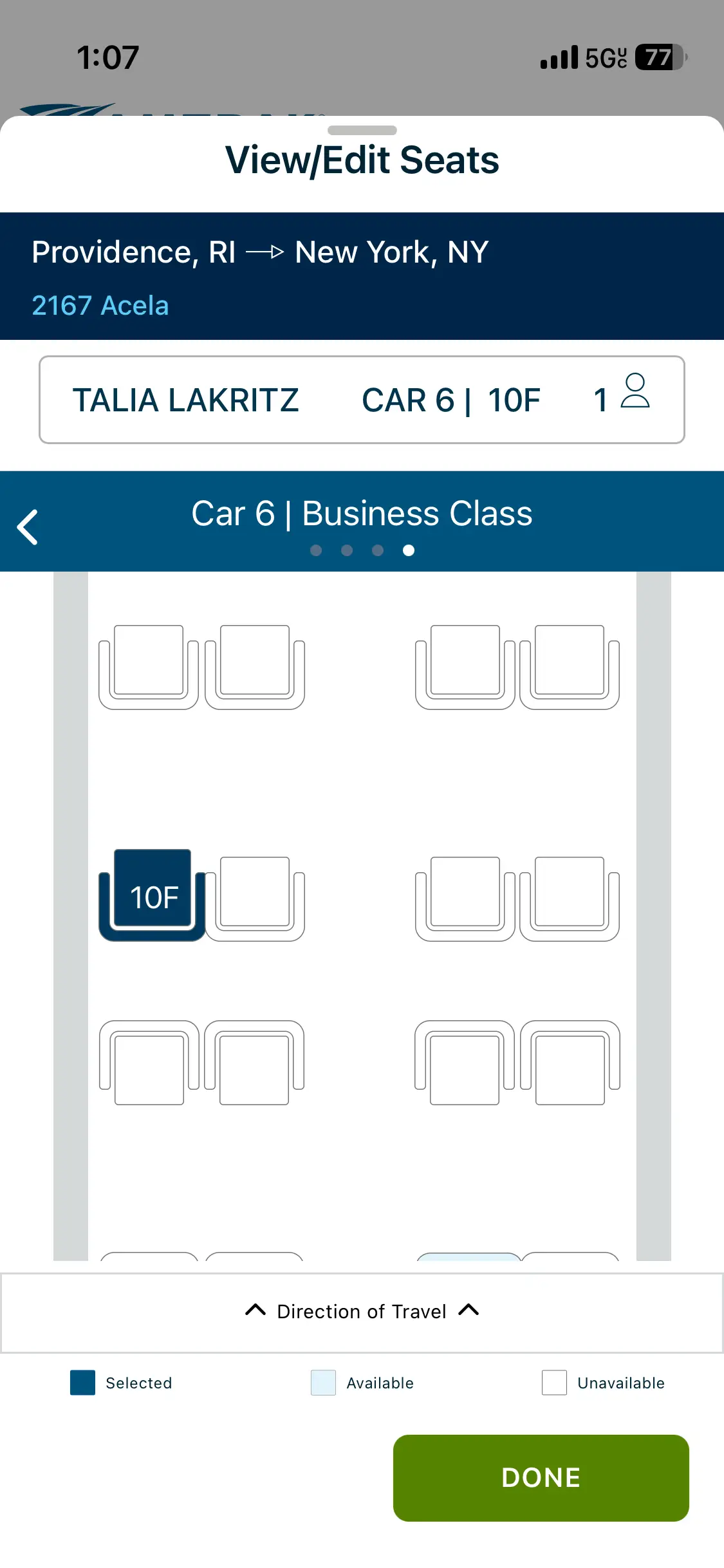 Seat selection on Amtrak's mobile app.