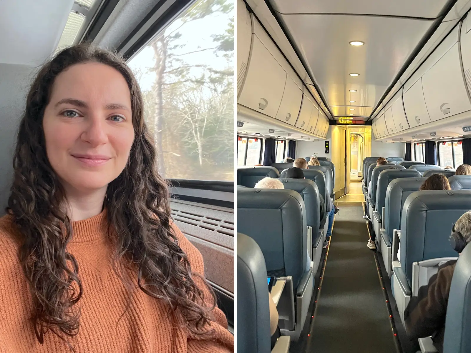 A split image showing Talia Lakritz and an Amtrak train.