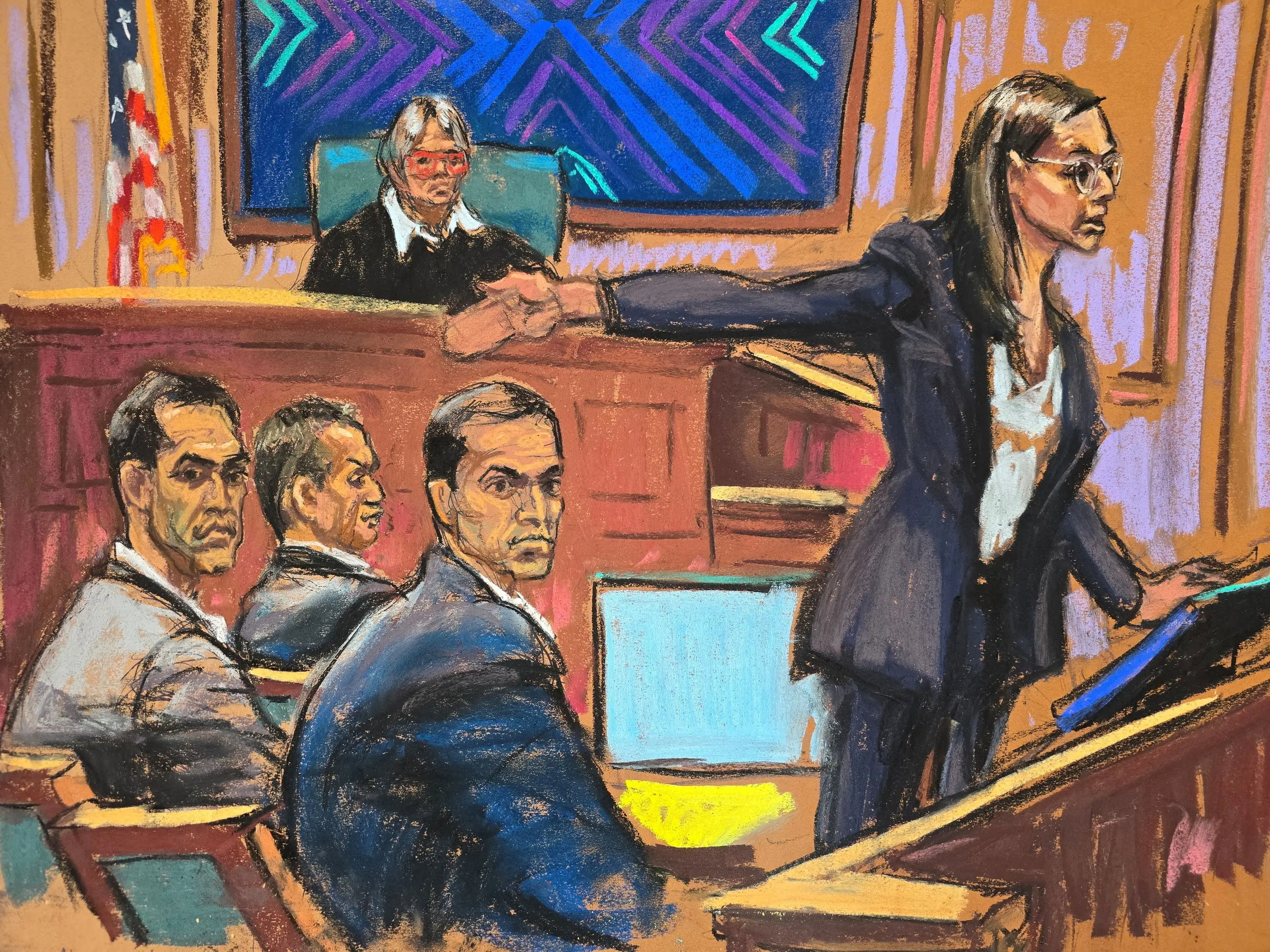 A courtroom sketch shows brothers Tal Alexander, Alon Alexander and Oren Alexander as prosecutor Madison Reddick Smyser delivers her opening statement in their sex-trafficking trial.