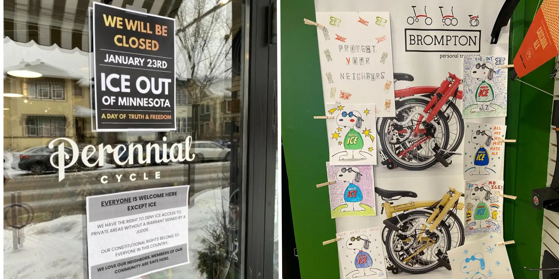 a sign for the the ICE OUT strike and artwork for abolishing ICE