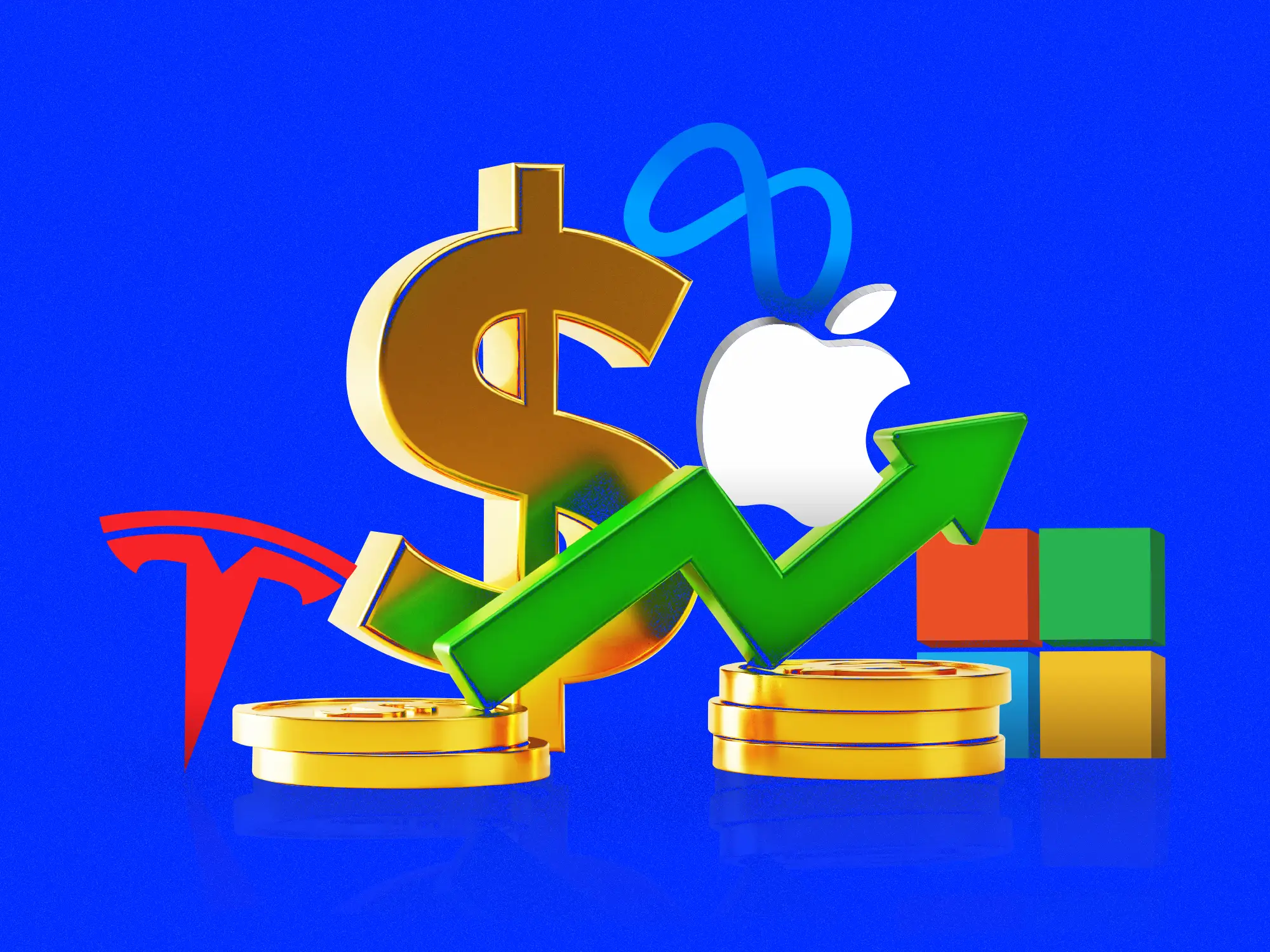 Tesla, Meta, Apple, and Microsoft logos with money and up arrow