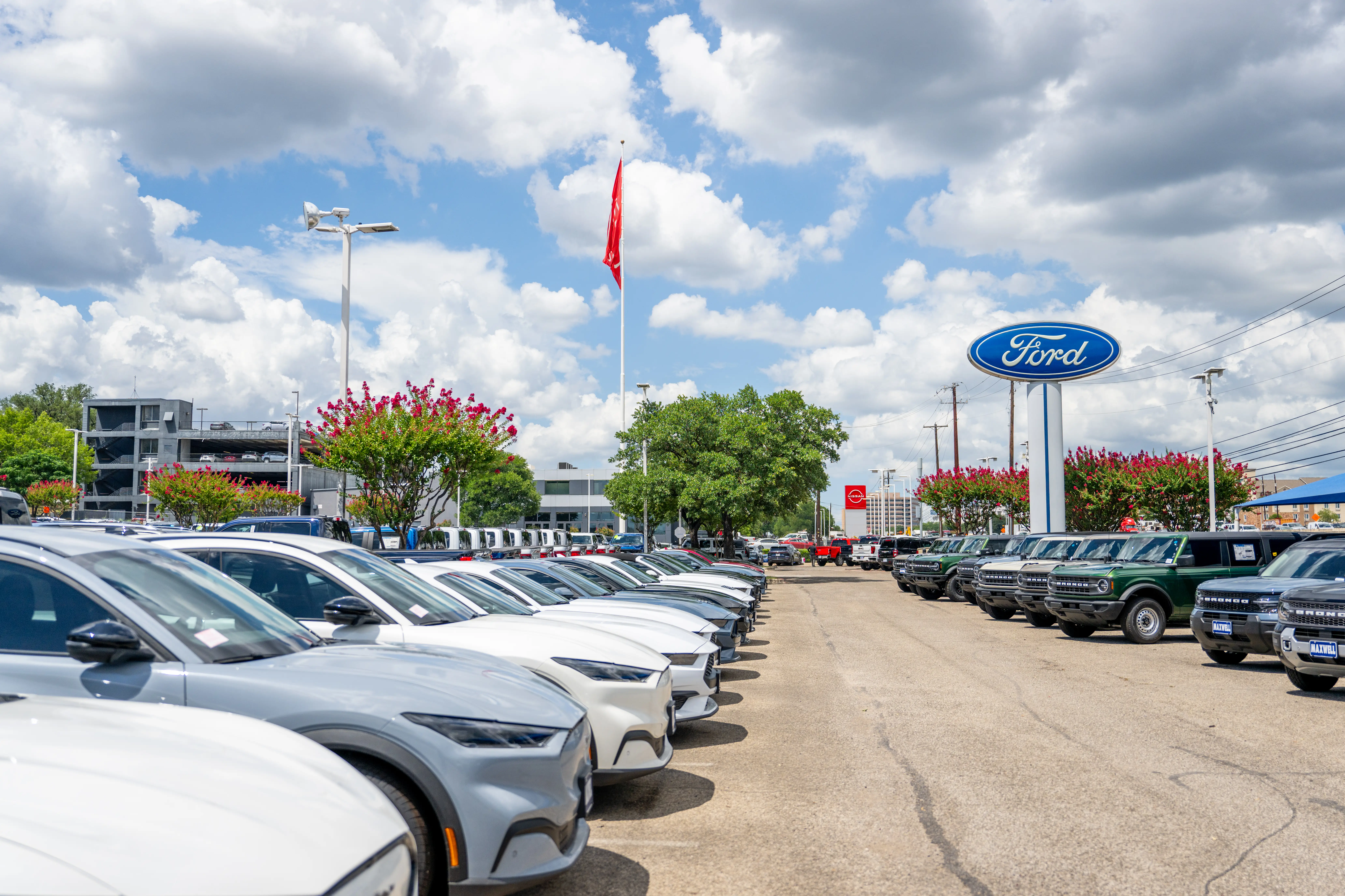 A line of Ford cars - including electric Mustang Mach-E SUVs and gas-powered Broncos, Bronco Sports, and Mustangs - are lined up on a dealership lot.