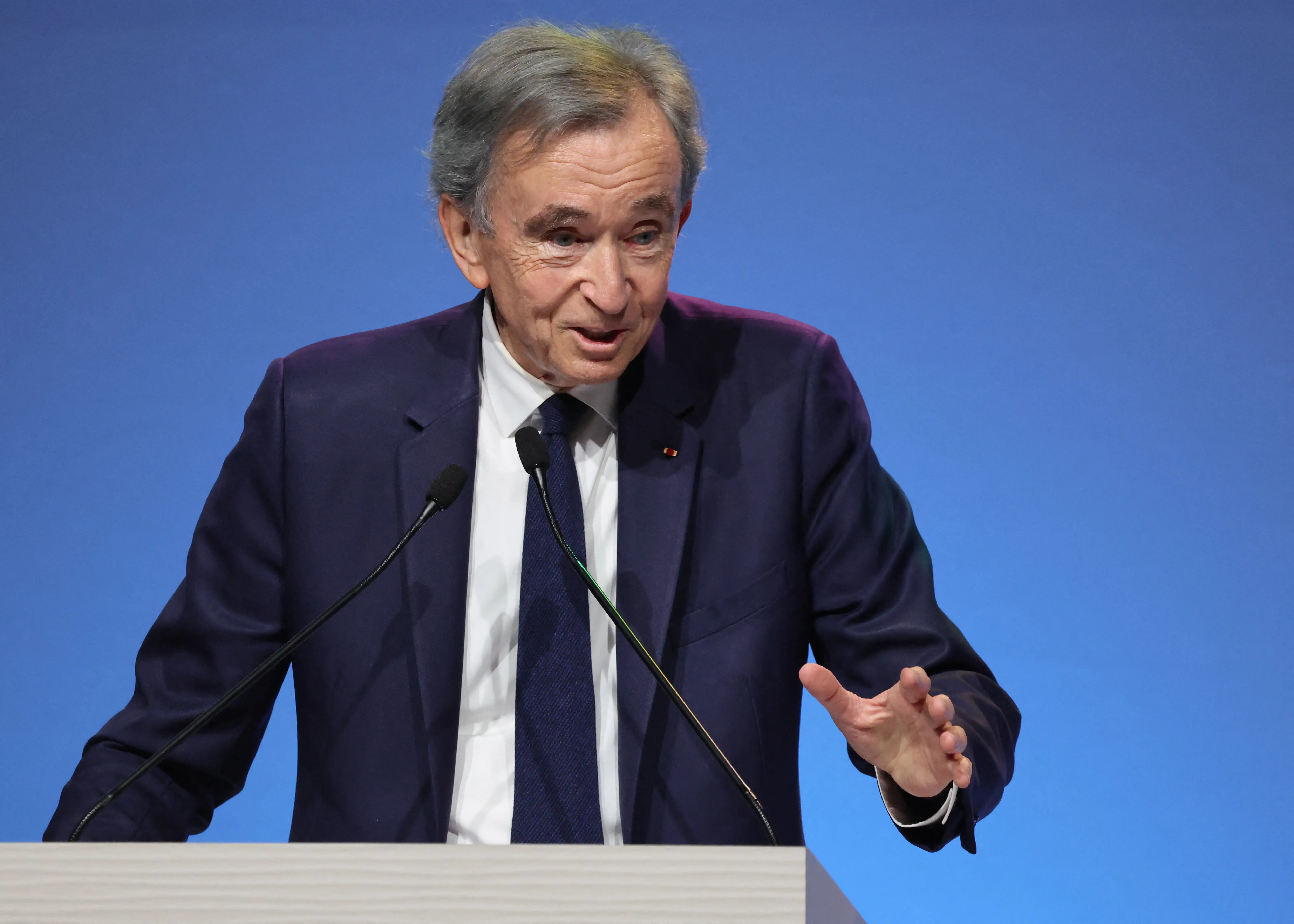 CEO of LVMH Bernard Arnault addresses a speech during the presentation of the French top luxury conglomerate LVMH group's 2025 financial results as part of a general meeting of shareholders in Paris on January 27, 2026.