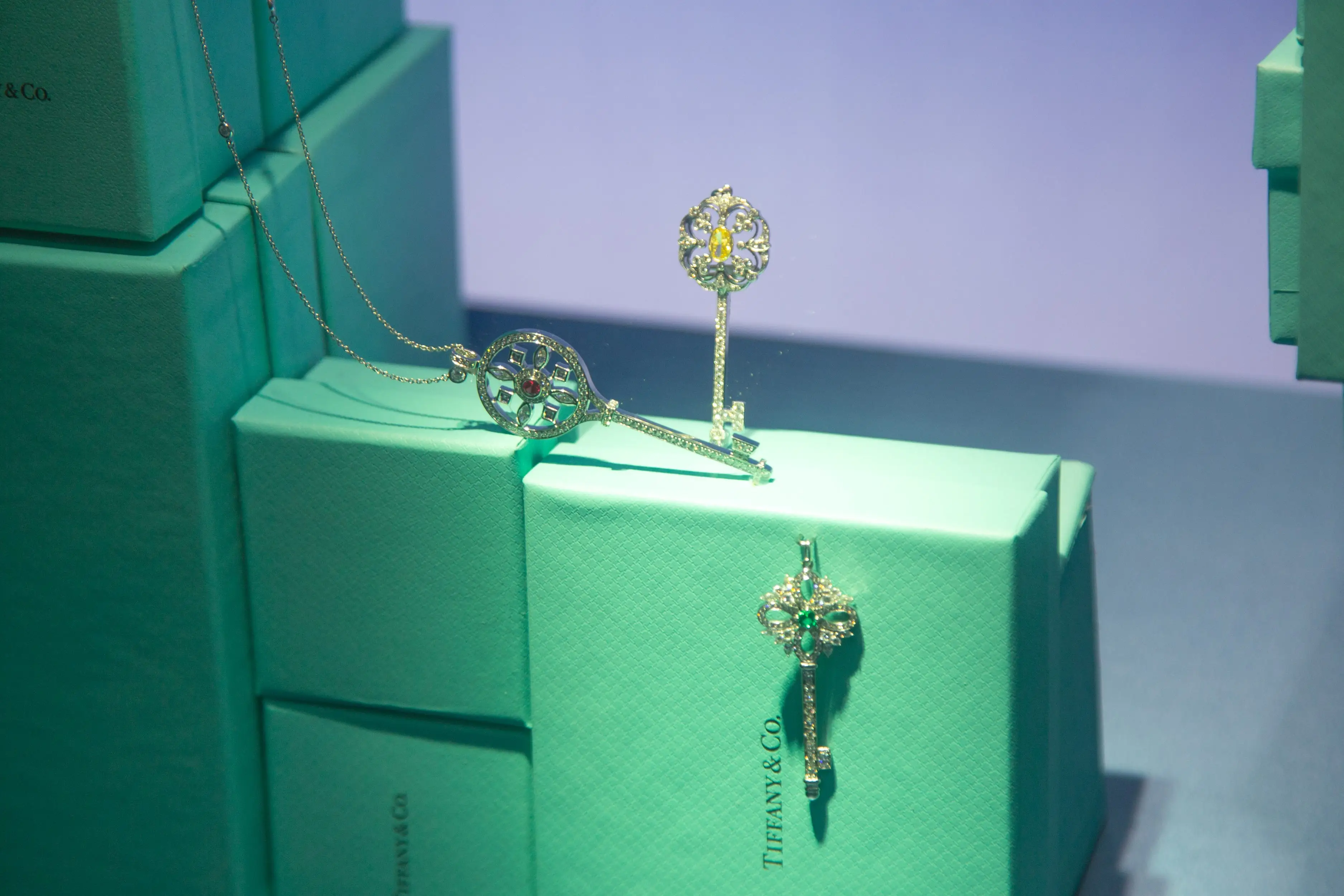Tiffany's jewellery and iconic blue gift boxes on display at the store. New York, USA