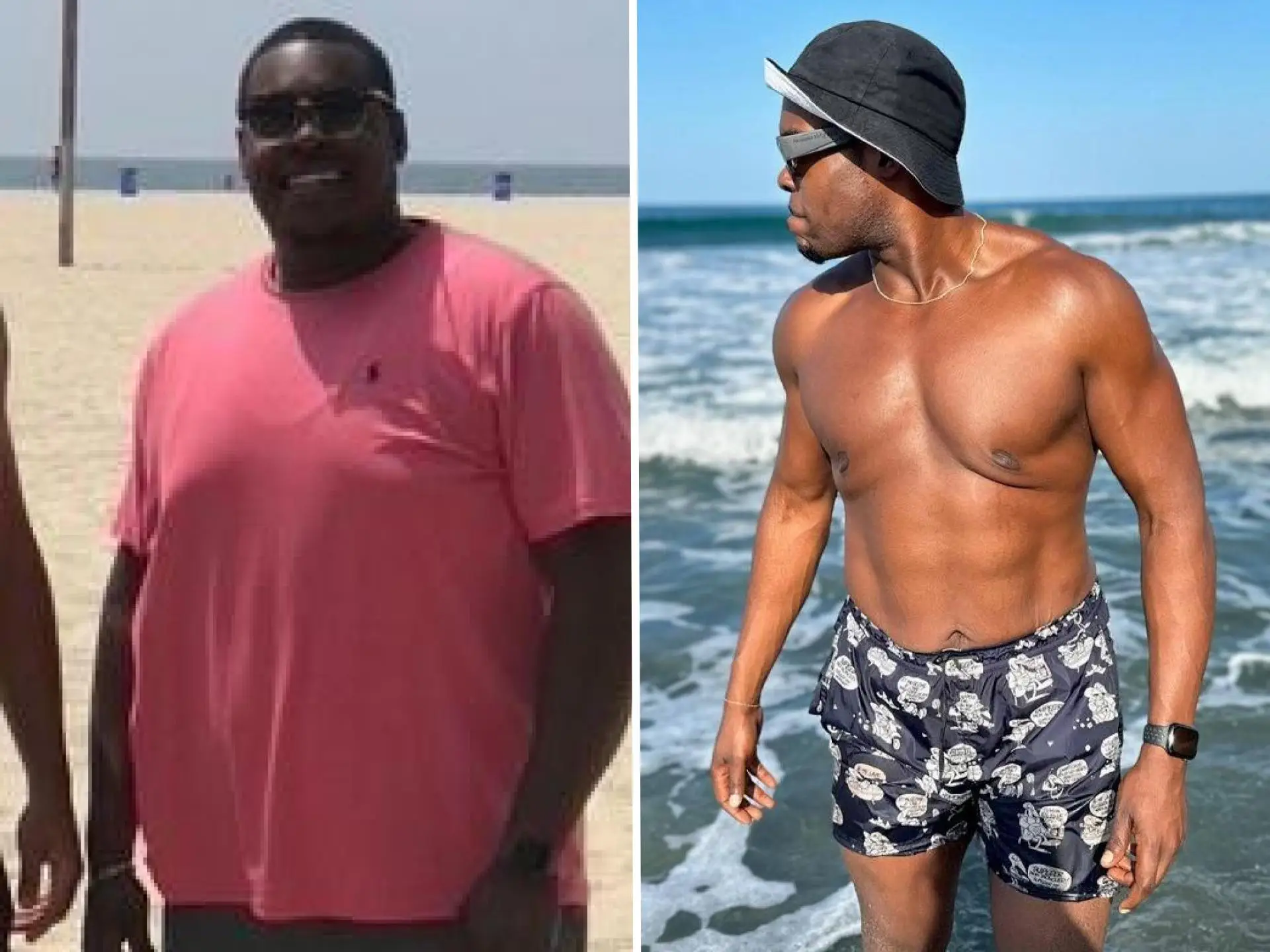 A split image of a man before and after he lost 200 pounds.