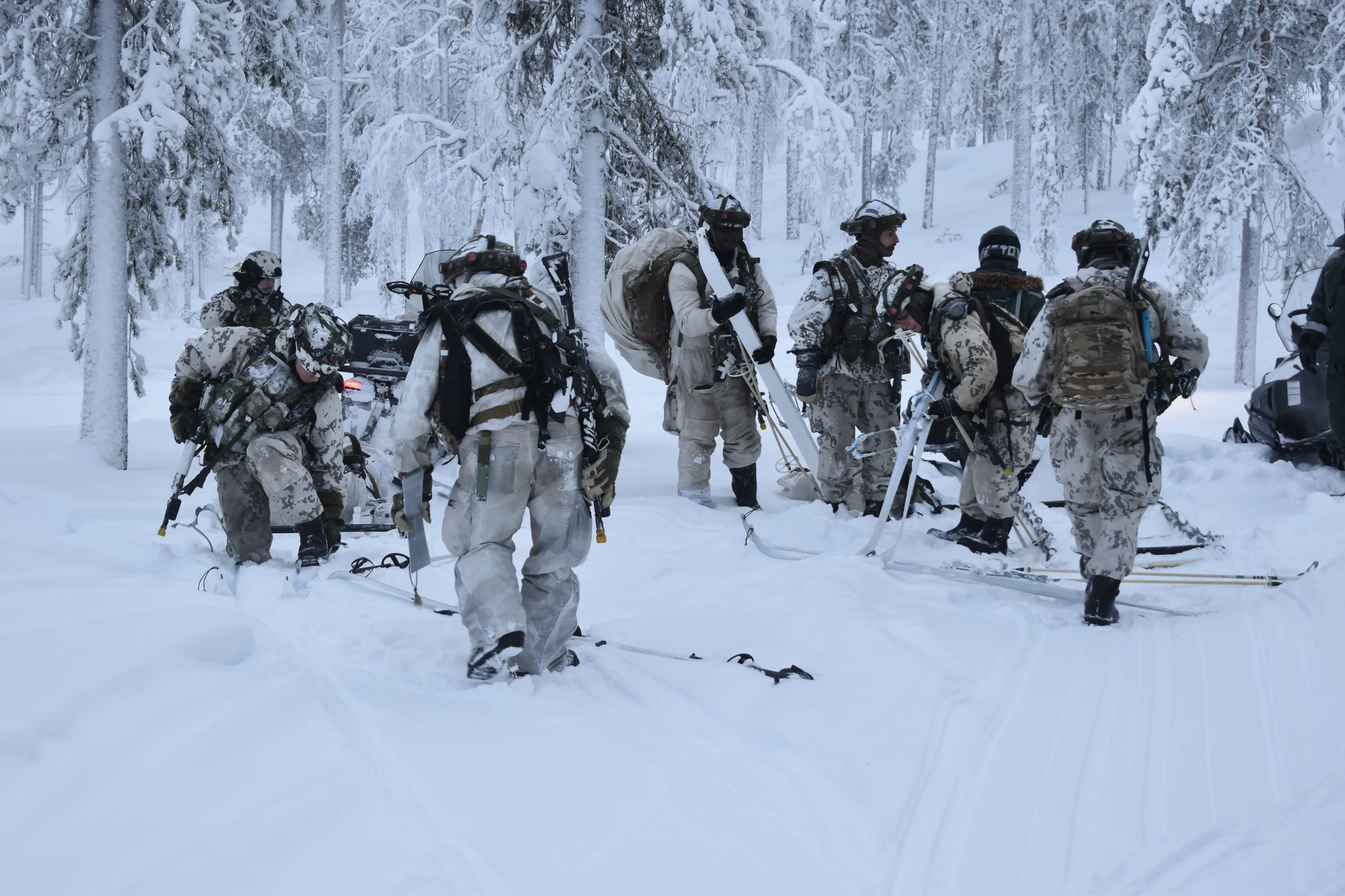 NATO soldiers gather at a meeting point in northern Finland in January 2026.