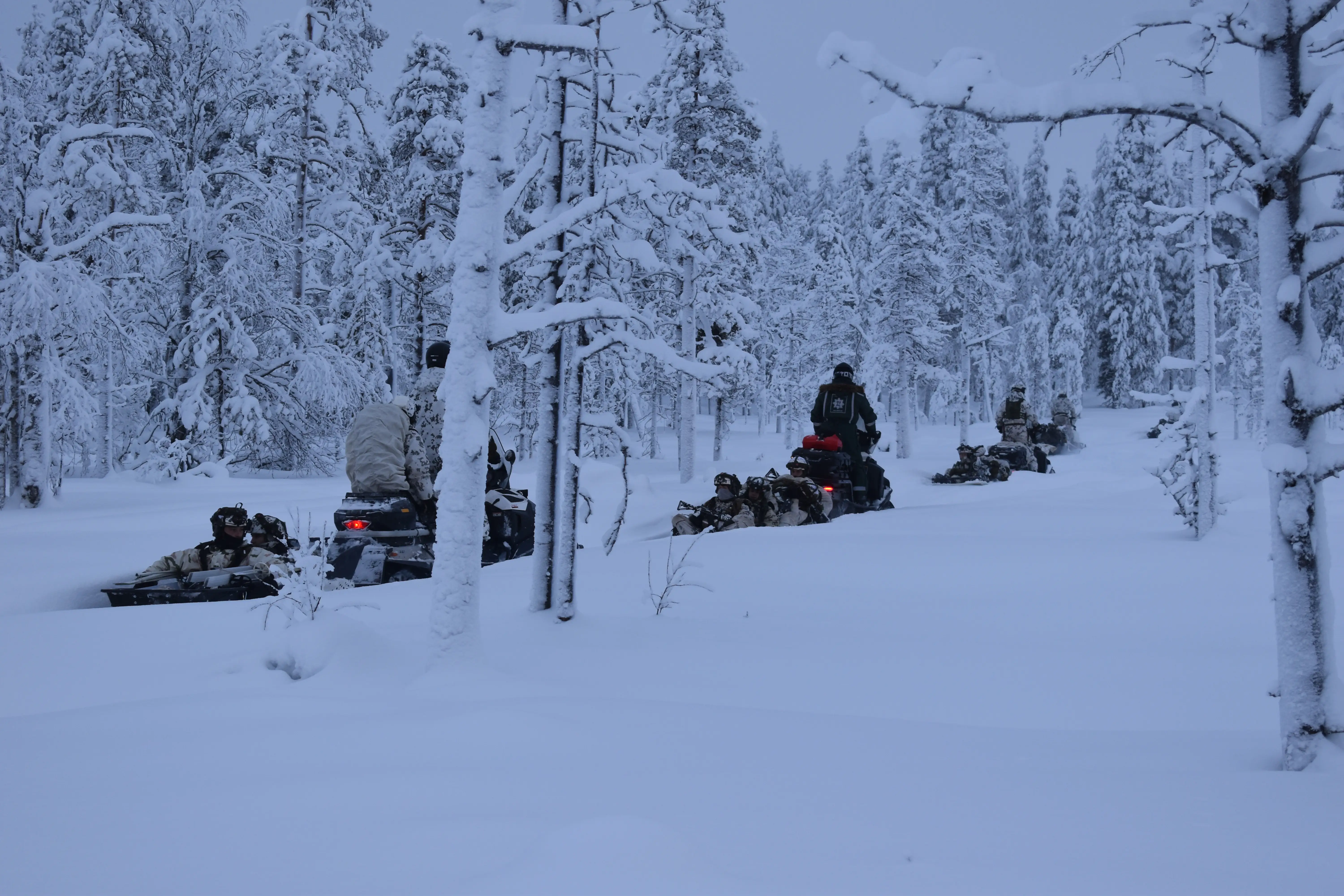 Snowmobiles carrying NATO soldiers traverse the forest in northern Finland in January 2026.