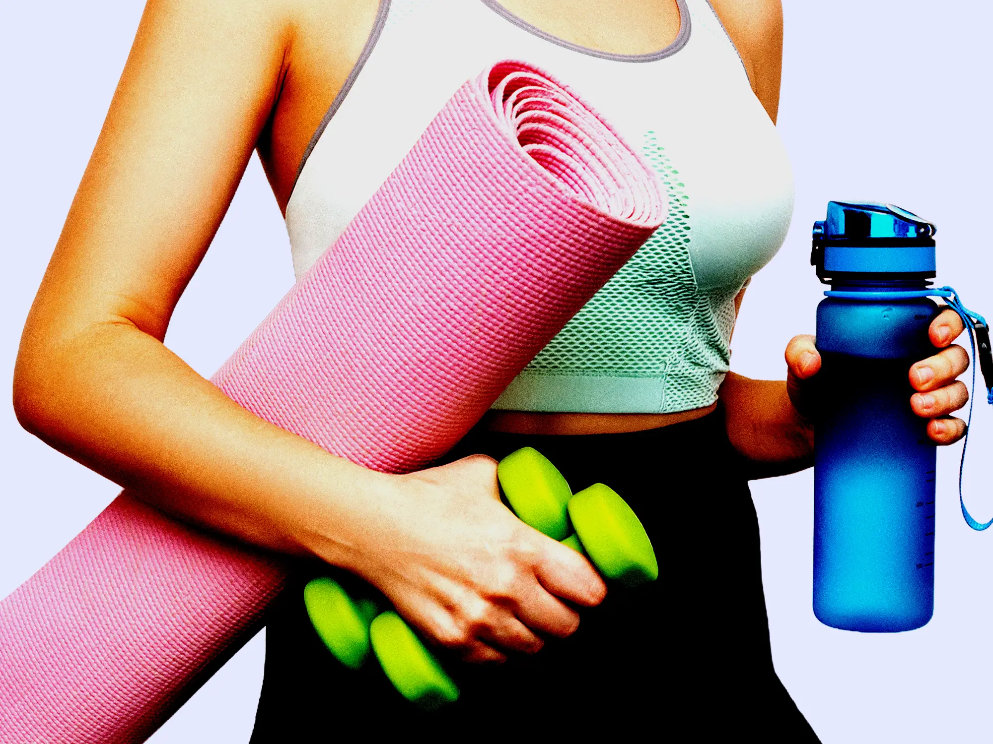Cropped shot of a woman holding dumbbells, yoga mat and sports water bottle in her hands.