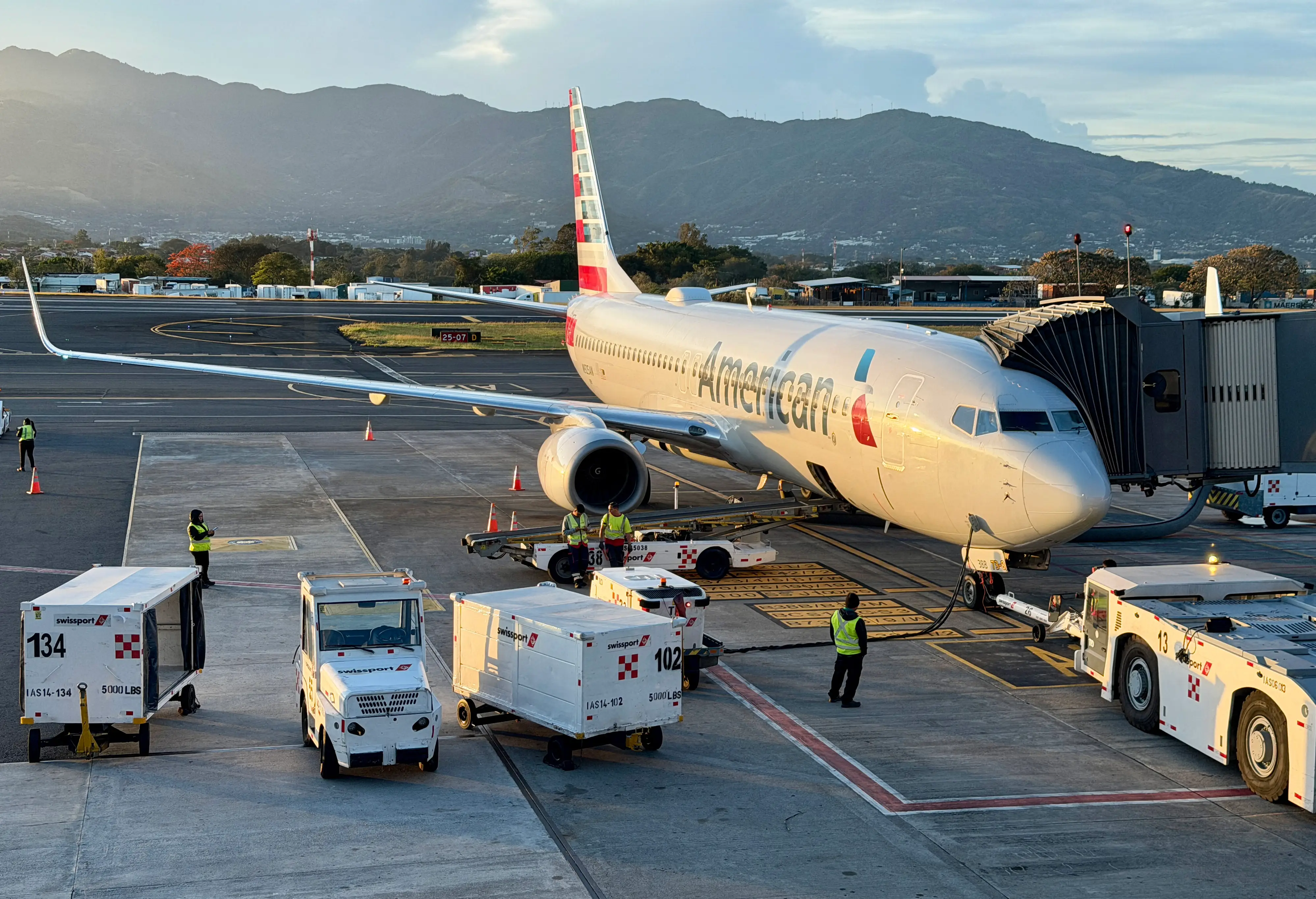 An American Airlines plane sits on the tarmac at Juan Santamaría International Airport, in San Jose, on January 22, 2026.
