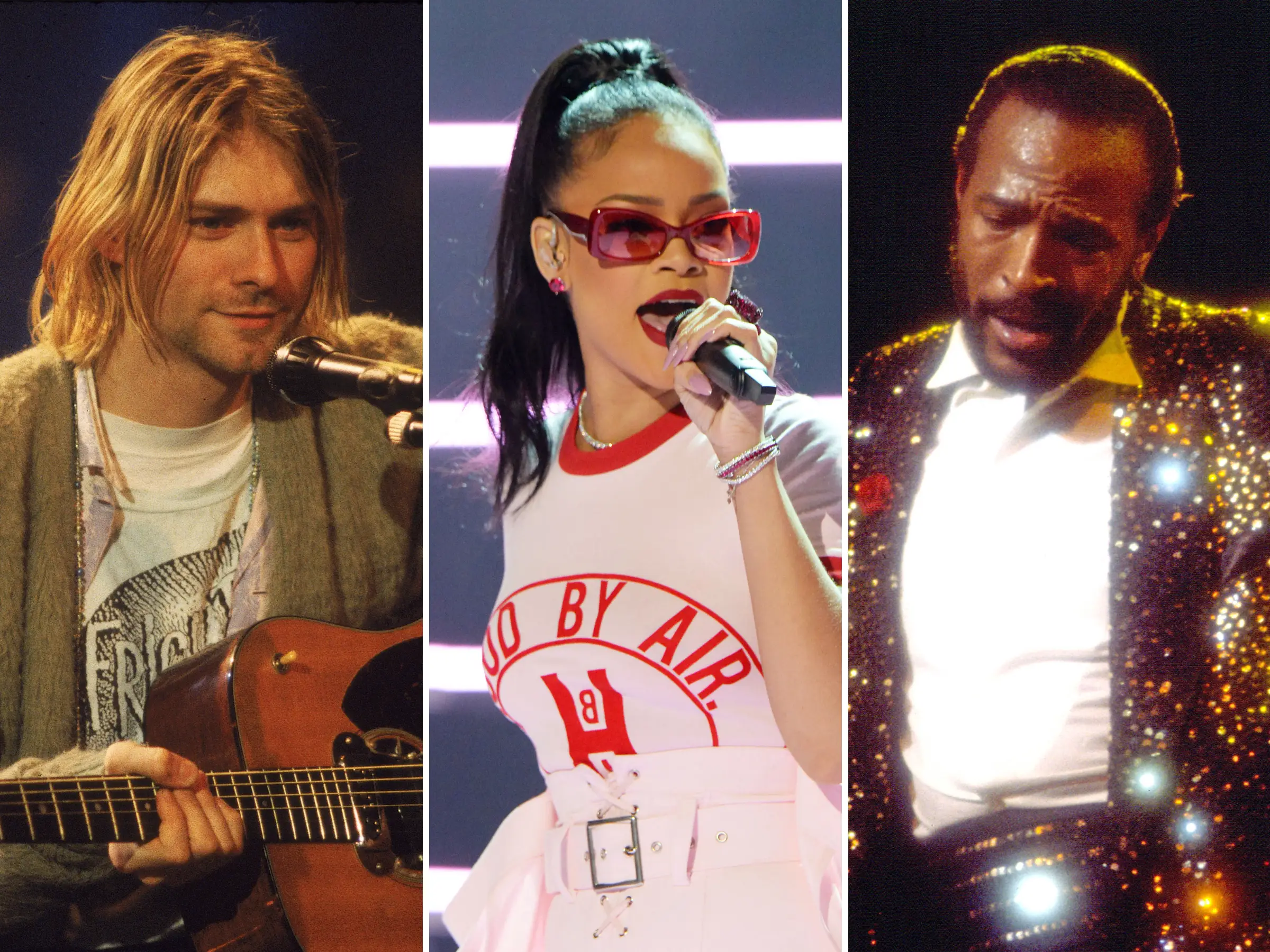 Kurt Cobain, Rihanna, and Marvin Gaye.