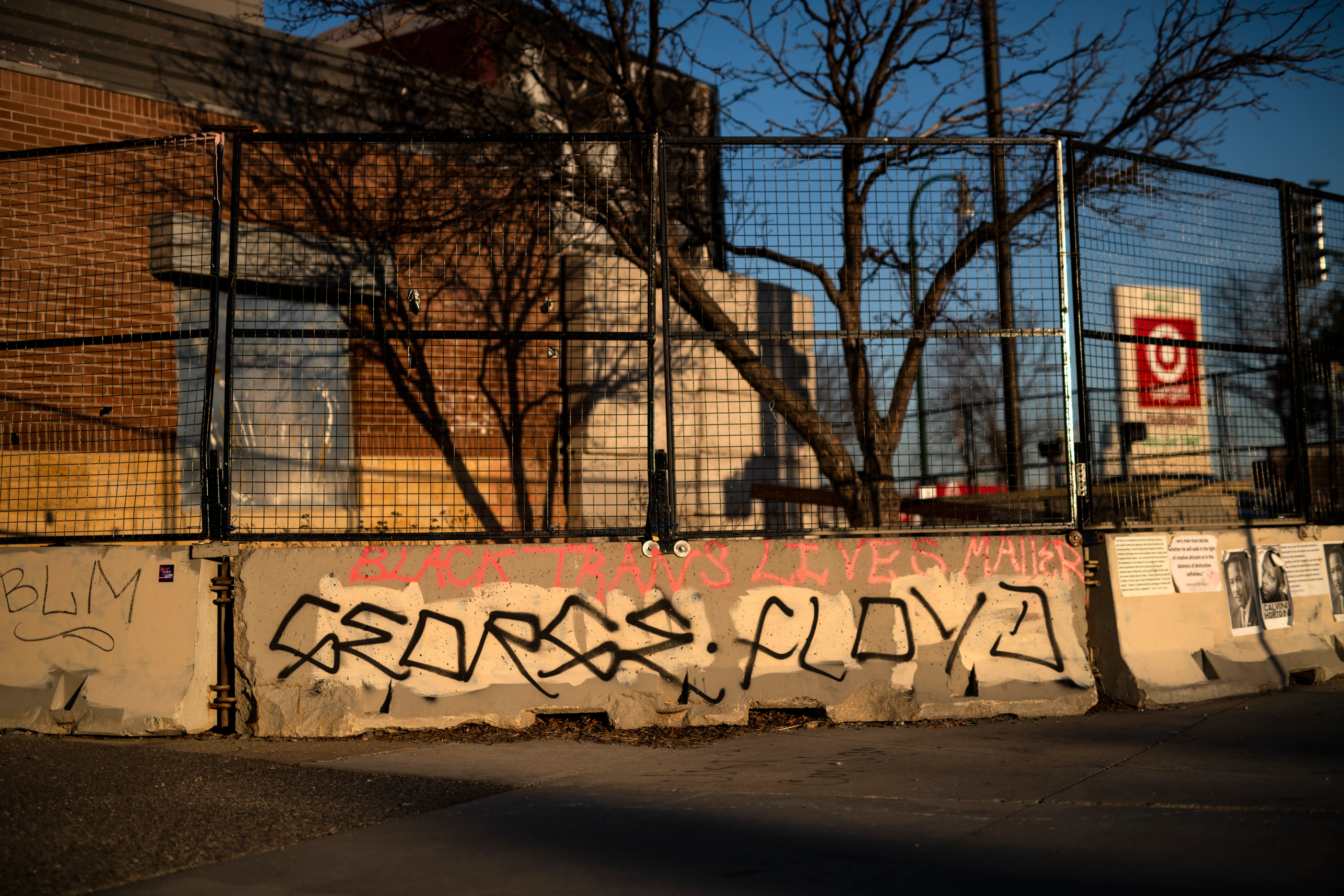 George Floyd is written on a barricade in Minneapolis