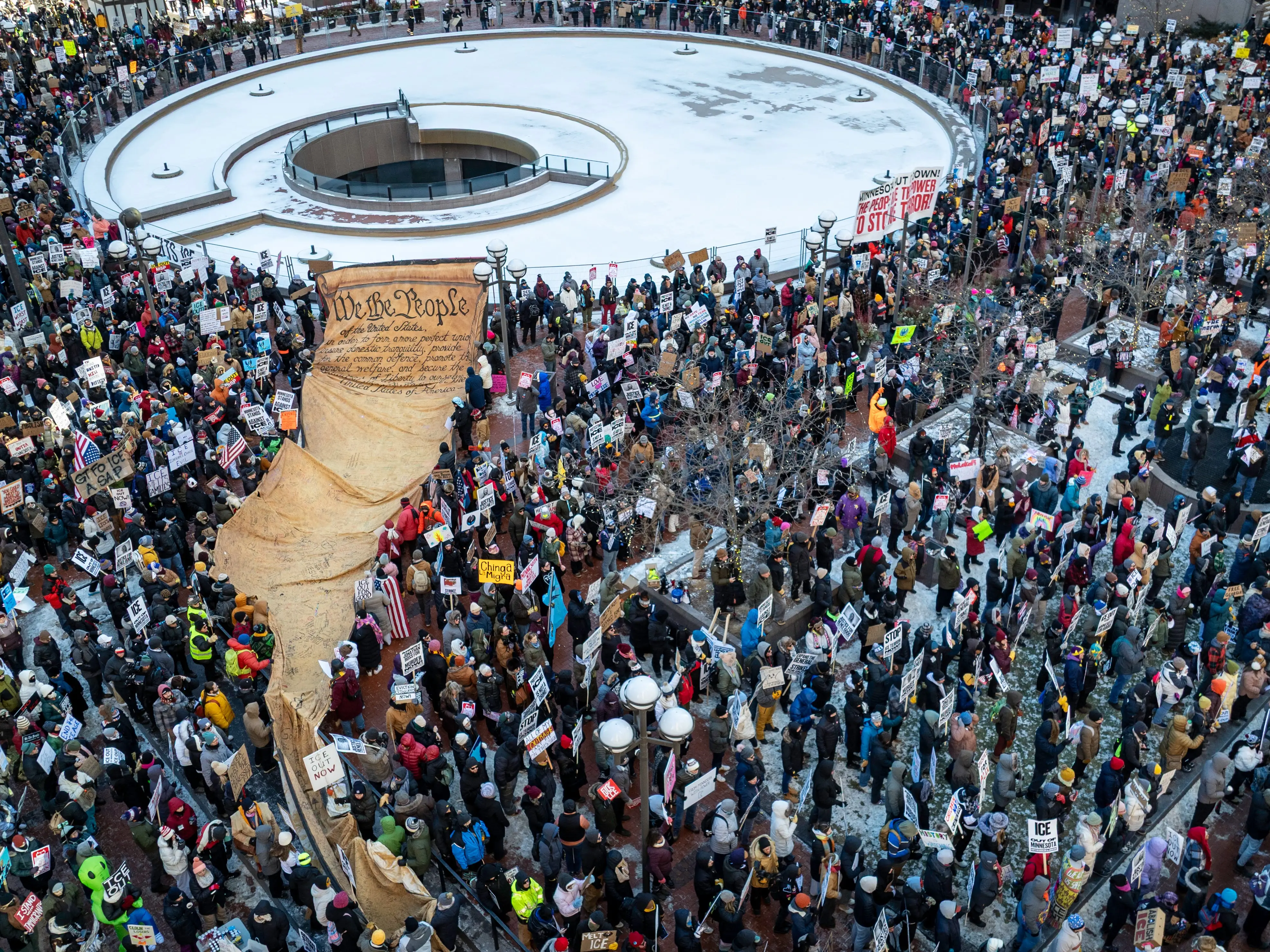 Aerial view of a crowd of protesters.