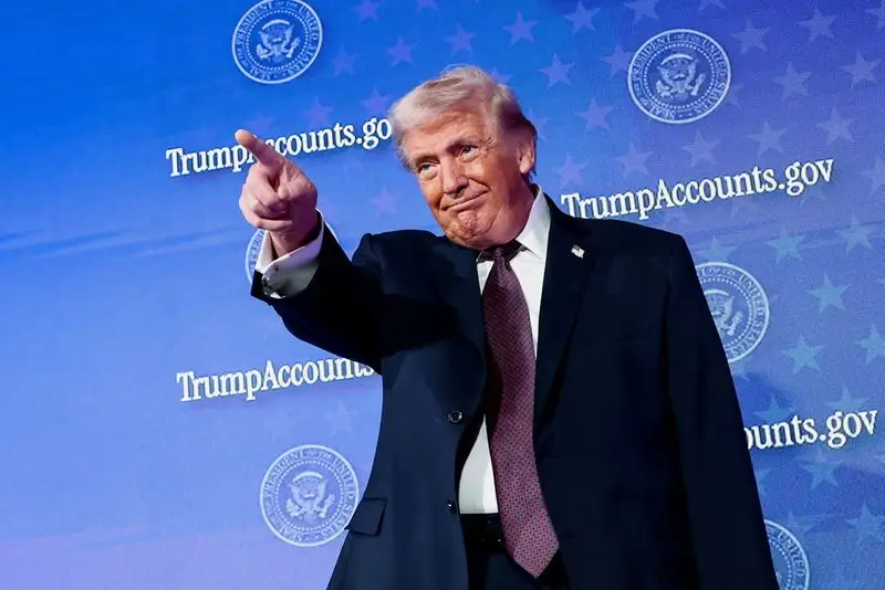 U.S. President Donald Trump points a finger onstage at the U.S. Treasury Department's Trump Accounts Summit, in Washington, D.C., U.S. January 28, 2026. REUTERS/Kevin Lamarque