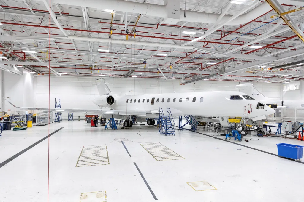 A Bombardier Global 7500 aircraft undergoing completion at a Montreal center.