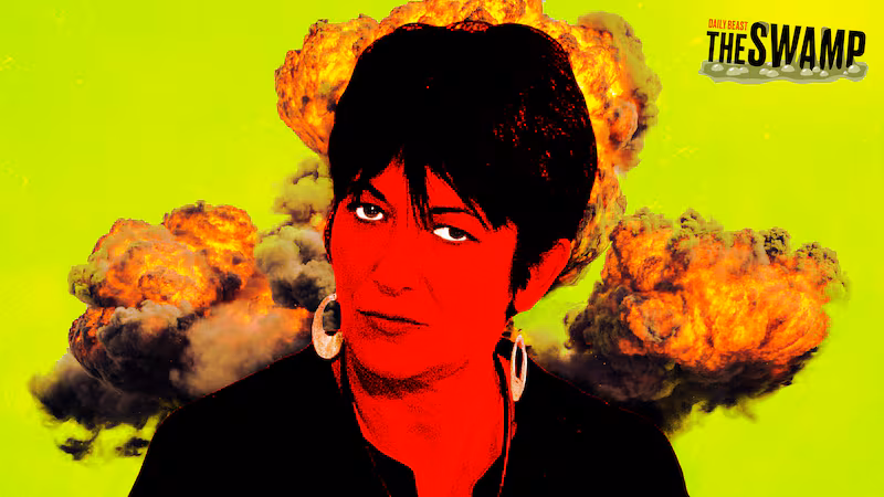 A photo illustration of Ghislaine Maxwell with an explosion behind her for The Swamp.