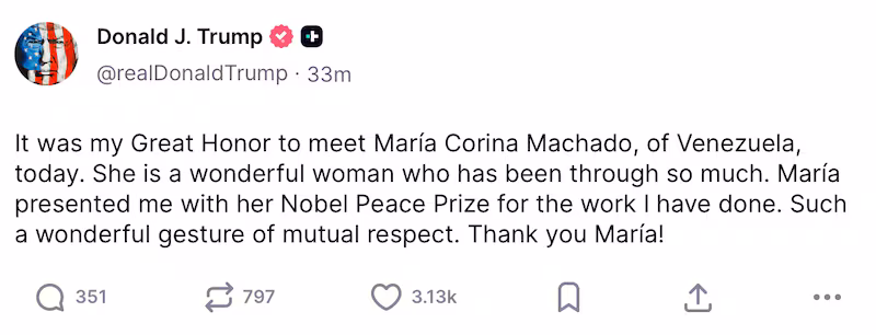 Donald Trump celebrates getting someone else's award on Truth Social.