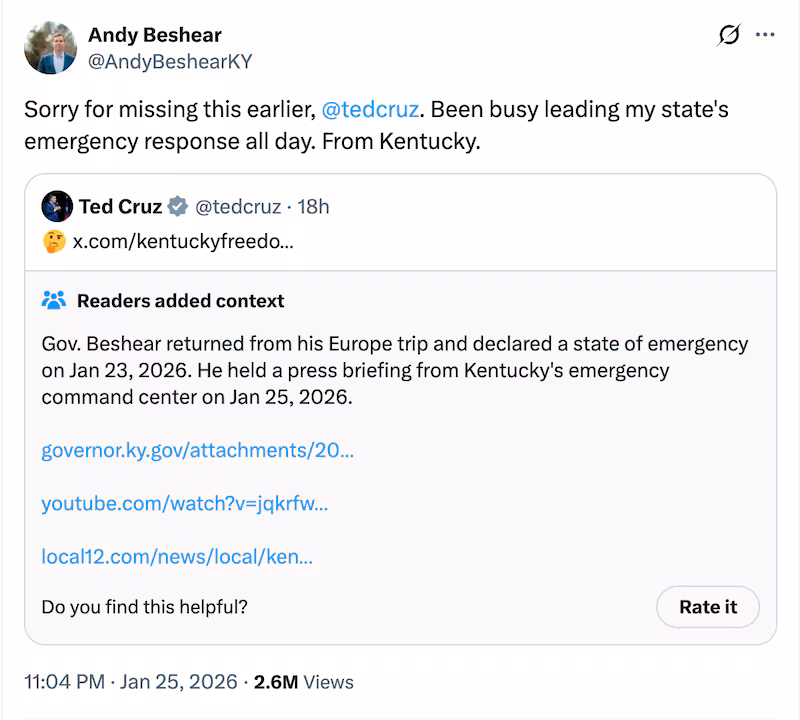 Andy Beshear hit back at Cruz's questionable X post.