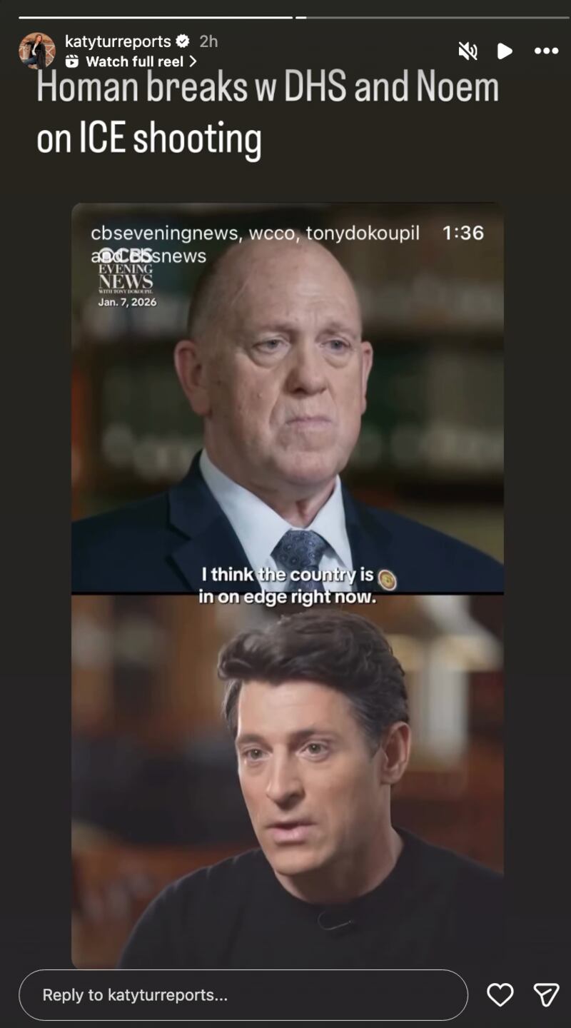 Katy Tur's Instagram story sharing her husband's interview with Tom Homan