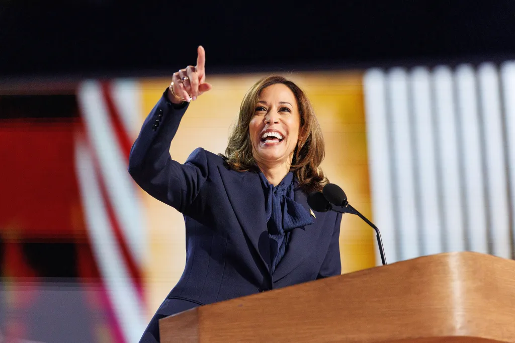 Kamala Harris speaking at the DNC Convention.