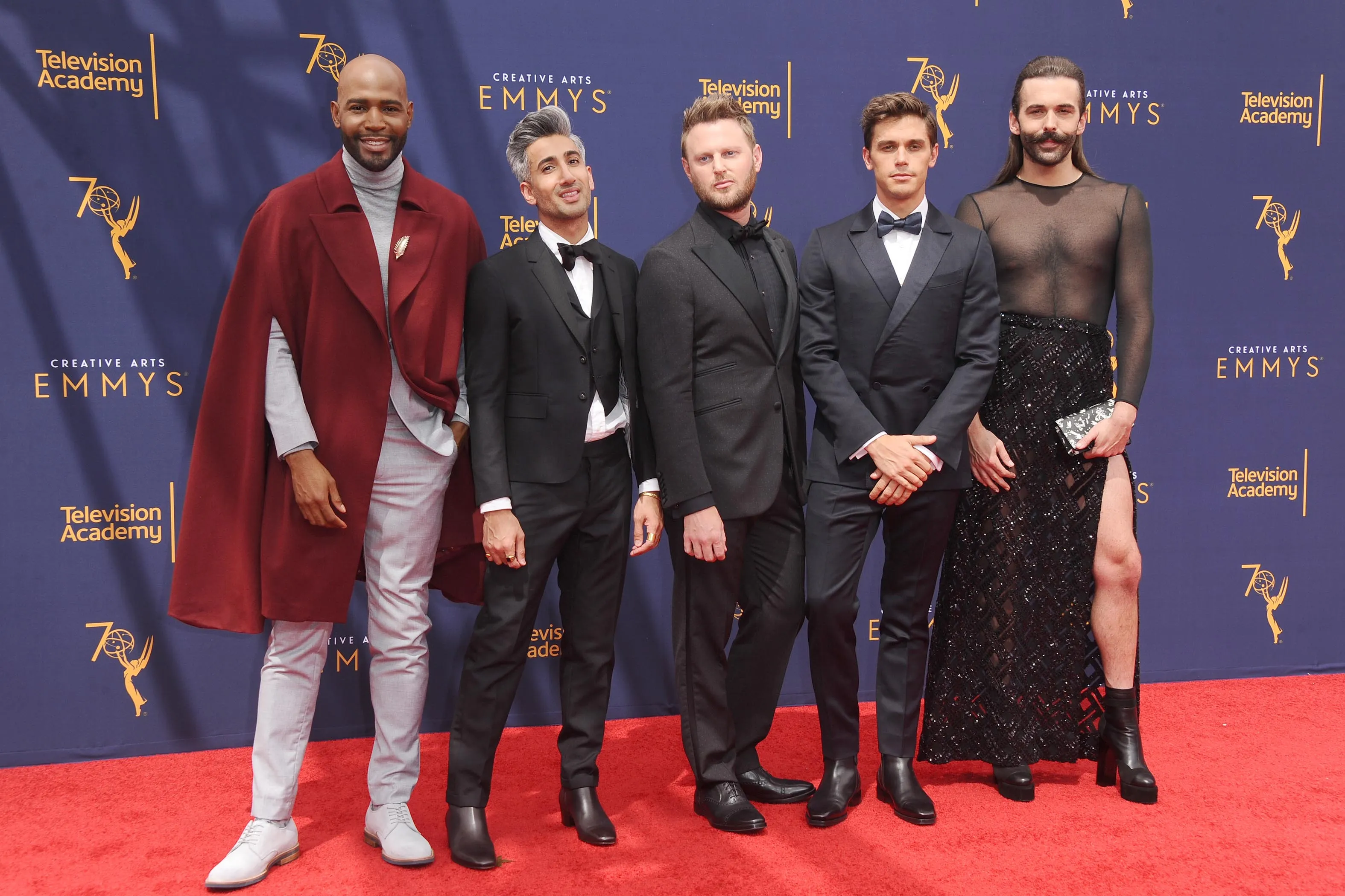Karamo Brown, Tan France, Bobby Berk, Antoni Porowski, and Jonathan Van Ness on the red carpet at the 2018 Creative Arts Emmy Awards.