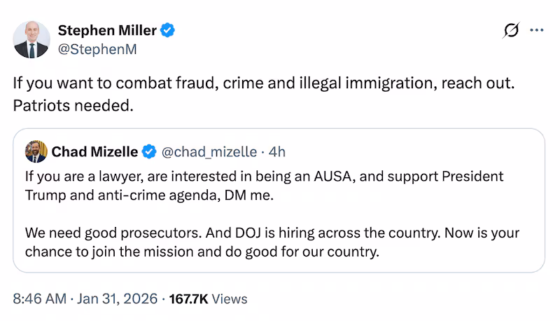 Stephen Miller recruits Assistant U.S. Attorneys via X.