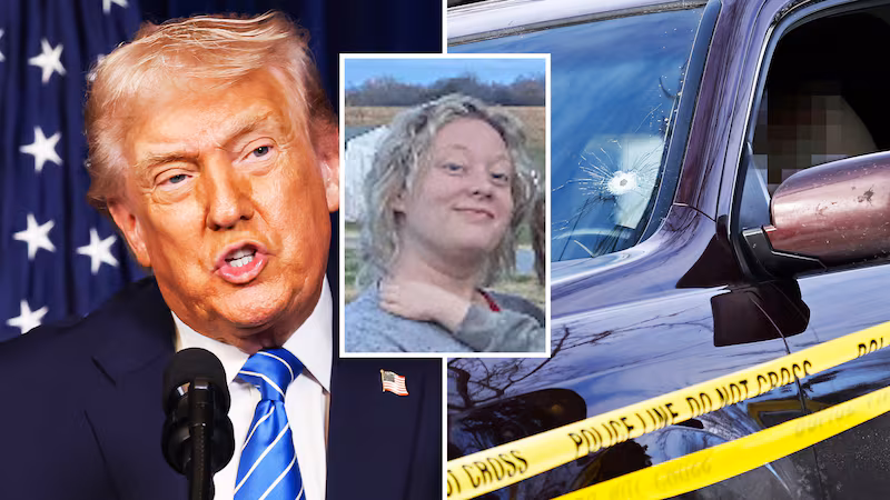 A photo of Renee Good along with Donald Trump and the vehicle involved in a shooting by an ICE agent during federal law enforcement operations on Jan. 7, 2026 in Minneapolis, Minnesota.