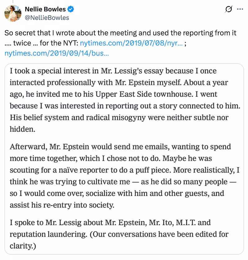Nellie Bowles' response to a tweet highlighting her correspondence and 2018 meeting with Jeffrey Epstein.