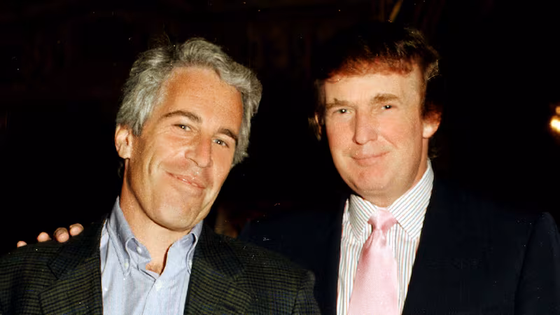 Jeffrey Epstein (left) and Donald Trump as they pose together at the Mar-a-Lago estate, Palm Beach, Florida on February 22, 1997.