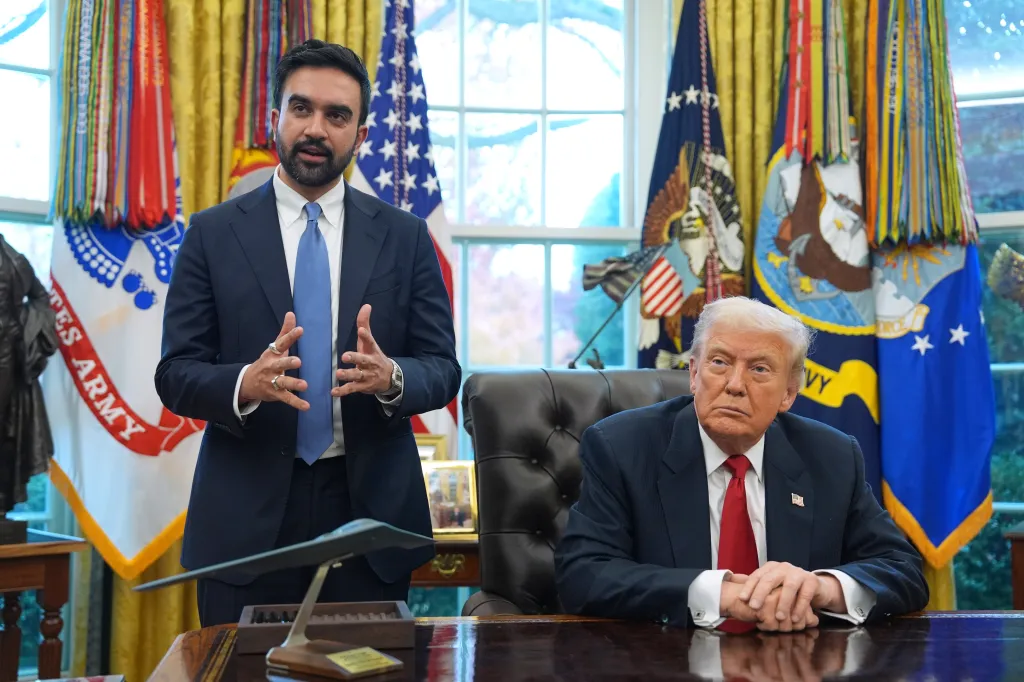 President Donald Trump listens as New York City Mayor-elect Zohran Mamdani speaks in the Oval Office of the White House, Friday, Nov. 21, 2025, in Washington.
