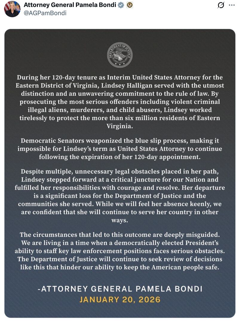 Attorney General Pam Bondi's X post to announce the exit of Lindsey Halligan.