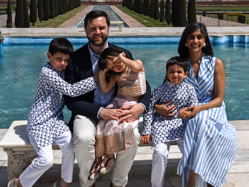 AGRA, INDIA - APRIL 23: U.S. Vice President JD Vance and his family, including wife Usha Vance, visit the Taj Mahal on April 23, 2025 in Agra, India. Vance and Indian Prime Minister Narendra Modi yesterday indicated progress had been made in talks for a trade deal between the two countries as New Delhi attempts to boosts ties with the Trump administration and avoid steep U.S. tariffs.